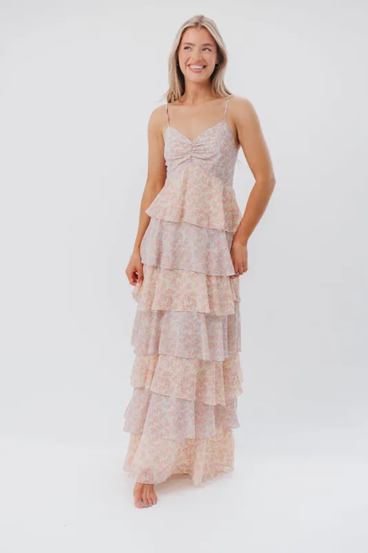 Pheobe Multi-Tiered Maxi Dress in Pastel Multi Floral sold by Worth Collective