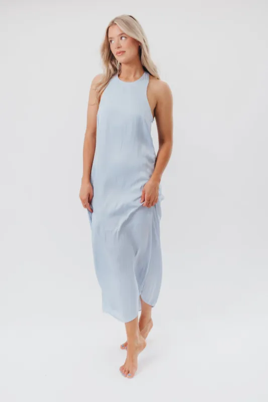 Davina Satin Maxi Dress with Back Twist Detail in Light Blue sold by Worth Collective