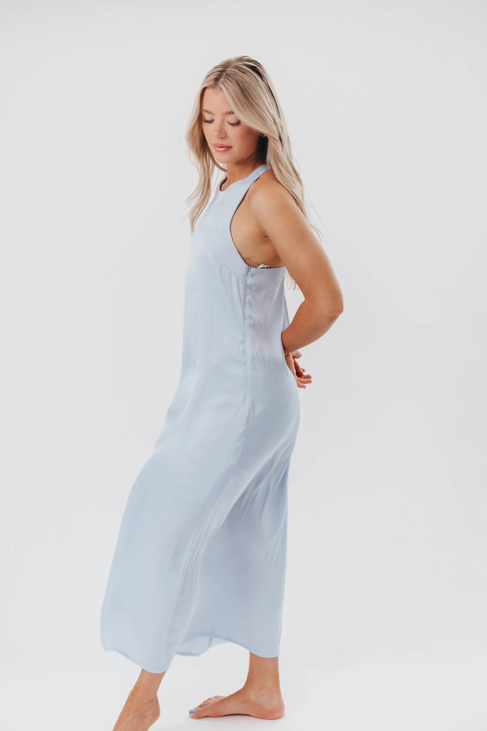 Davina Satin Maxi Dress with Back Twist Detail in Light Blue sold by Worth Collective product image thumbnail 5