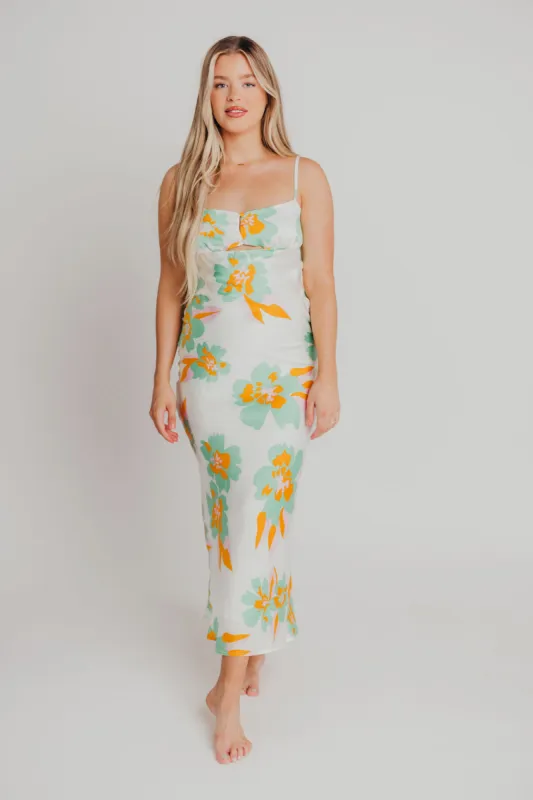 Alexandra Satin Maxi Dress in Green Floral sold by Worth Collective