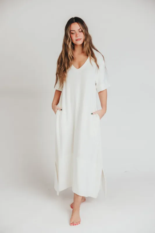 Fallon Linen-Blend Collared Midi Dress in Ivory - Bump Friendly sold by Worth Collective