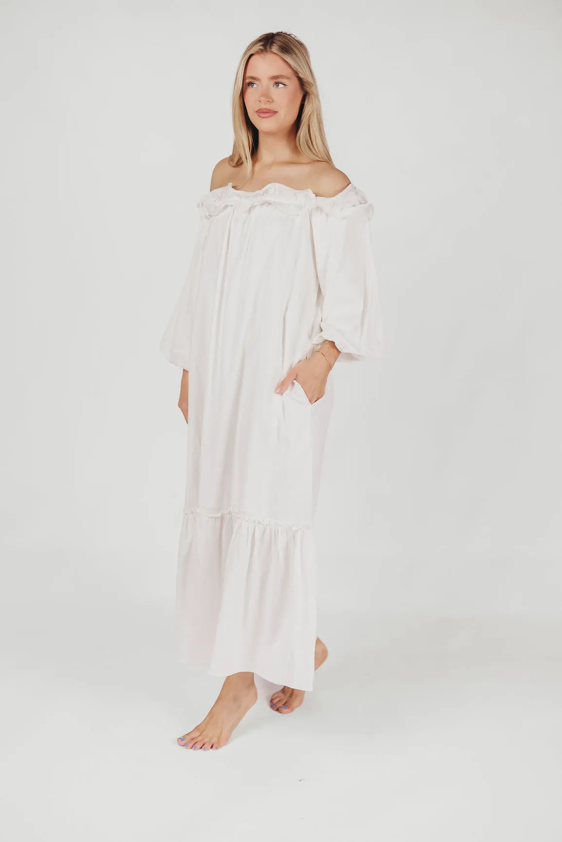 Moira Linen-Blend Ruffled Maxi Dress in White sold by Worth Collective
