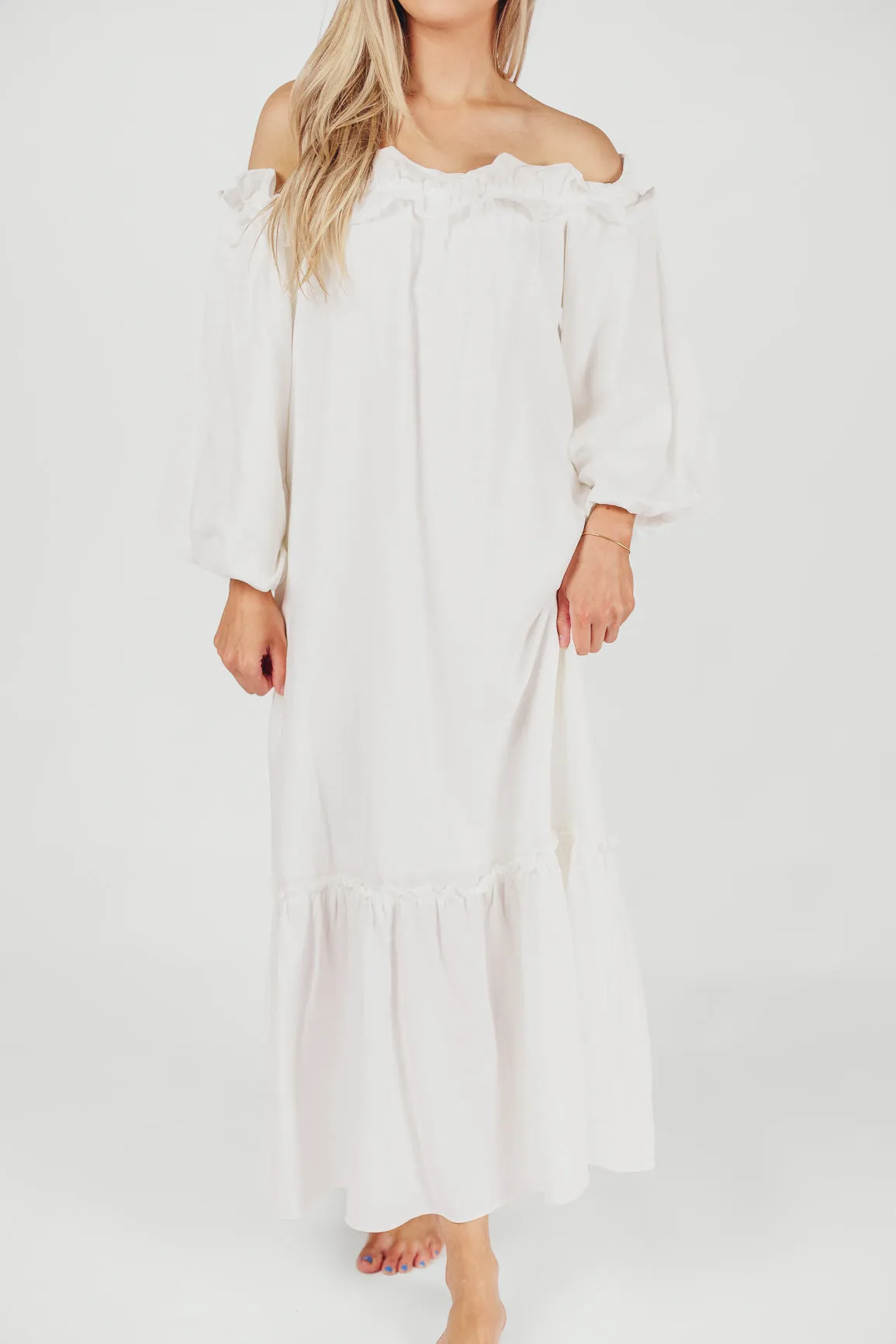 Moira Linen-Blend Ruffled Maxi Dress in White sold by Worth Collective product image thumbnail 3