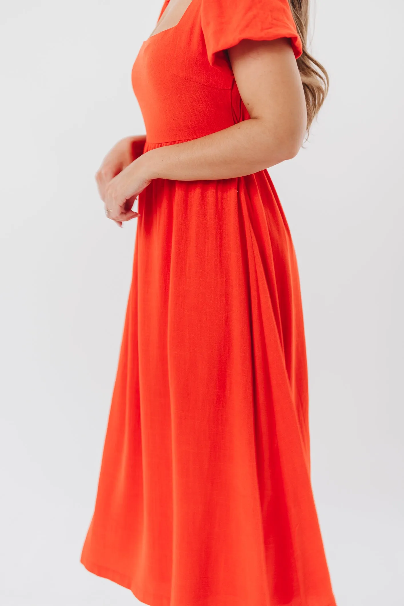 Ainsley Square Neck Midi Dress with Puffed Sleeves in Red Poppy - Bump Friendly & Inclusive Sizing (S-3XL) sold by Worth Collective product image thumbnail 3