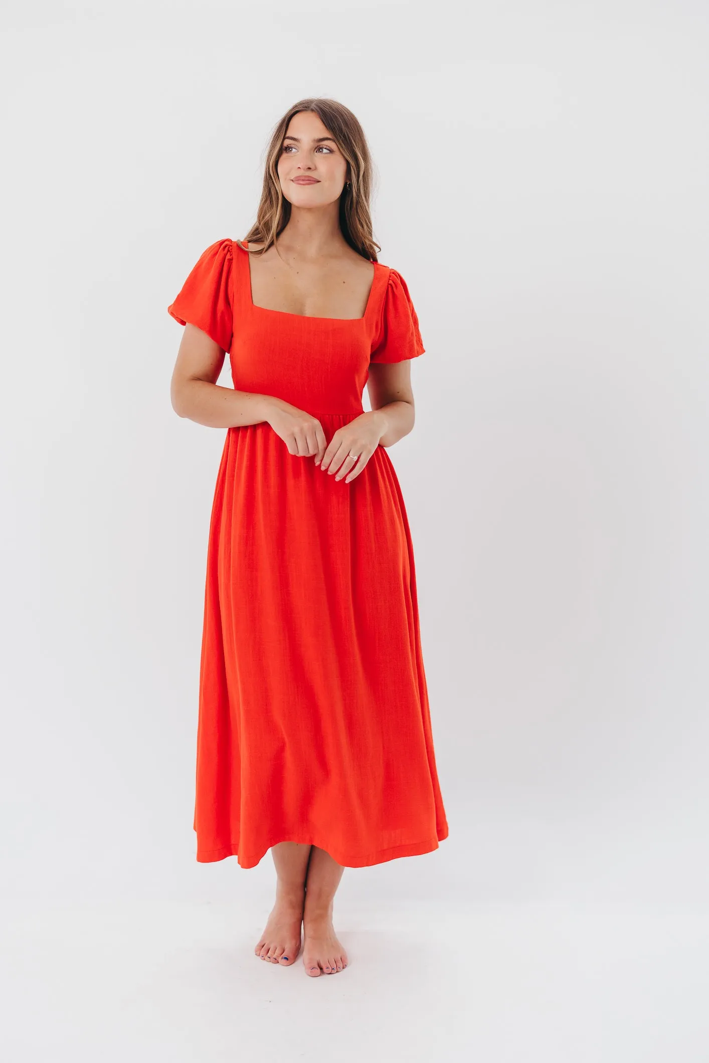 Ainsley Square Neck Midi Dress with Puffed Sleeves in Red Poppy - Bump Friendly & Inclusive Sizing (S-3XL) sold by Worth Collective