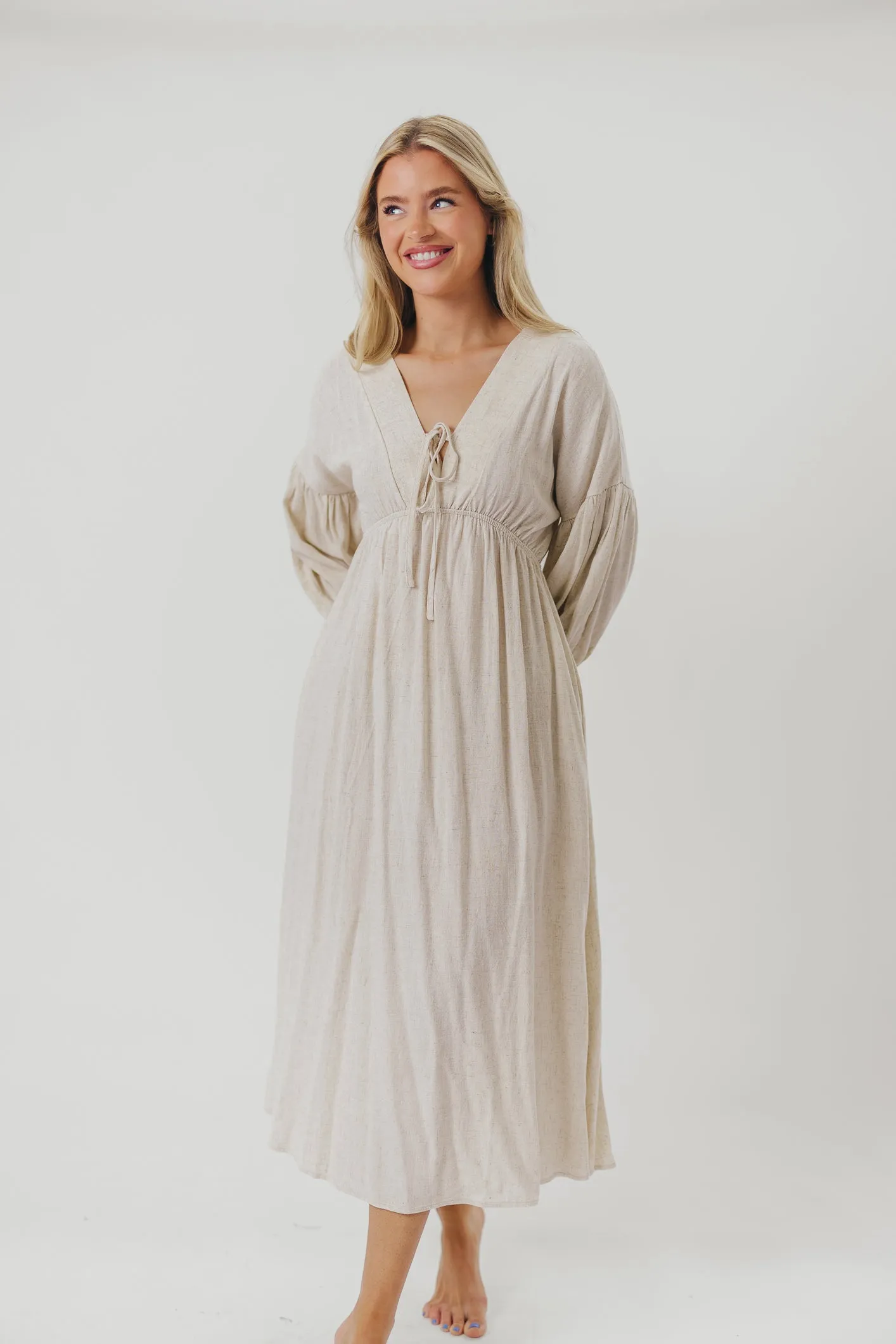 Hunter Linen-Blend Midi Dress in Greige - Bump Friendly sold by Worth Collective product image thumbnail 3