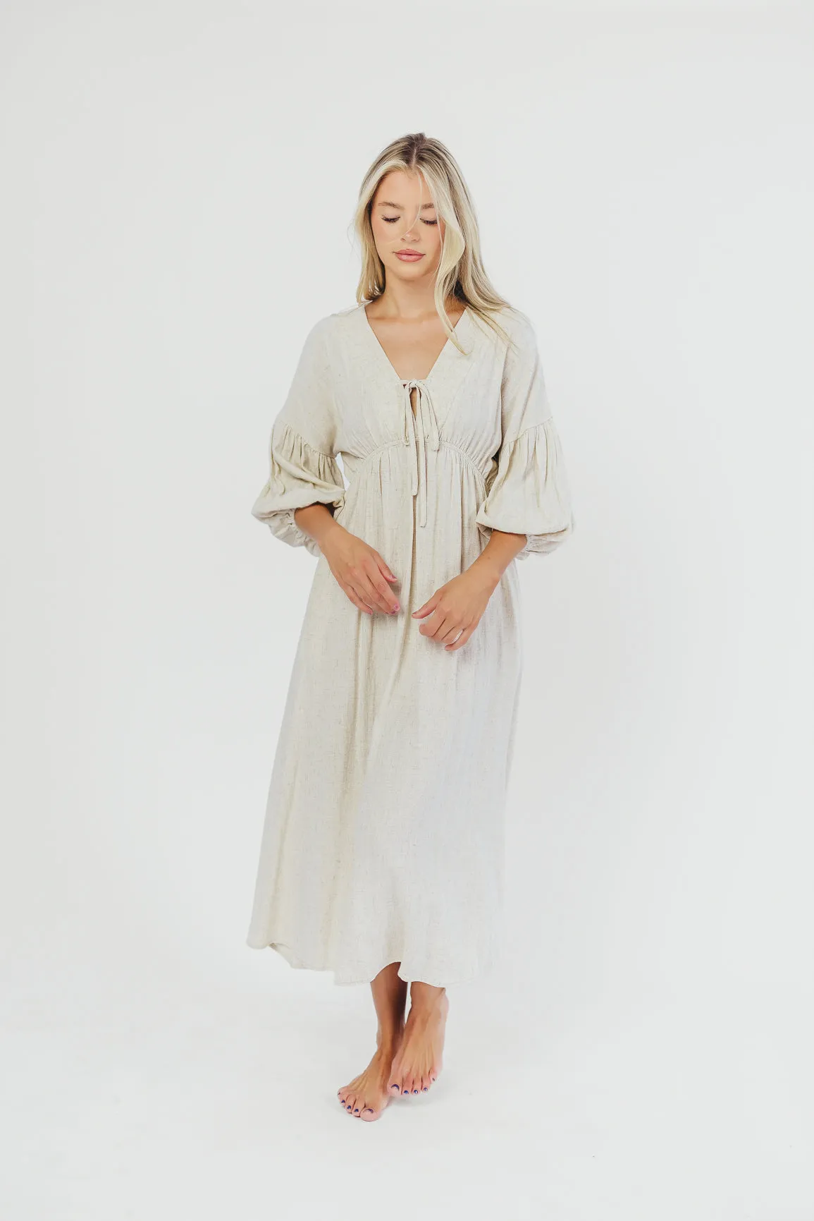 Hunter Linen-Blend Midi Dress in Greige - Bump Friendly sold by Worth Collective