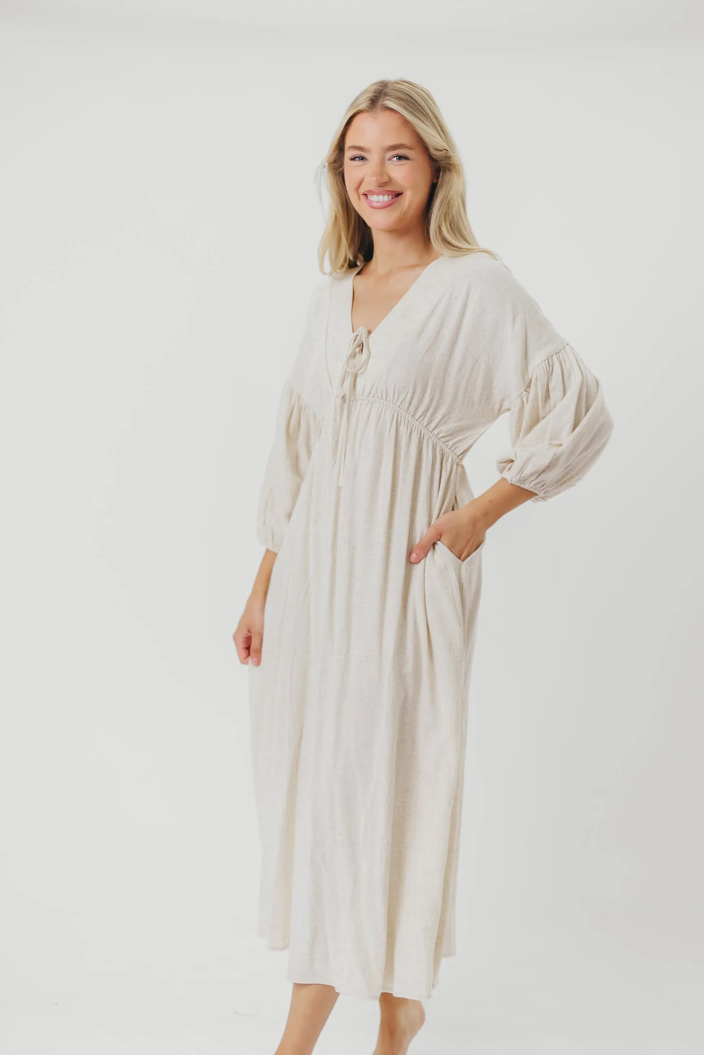 Hunter Linen-Blend Midi Dress in Greige - Bump Friendly sold by Worth Collective product image thumbnail 4