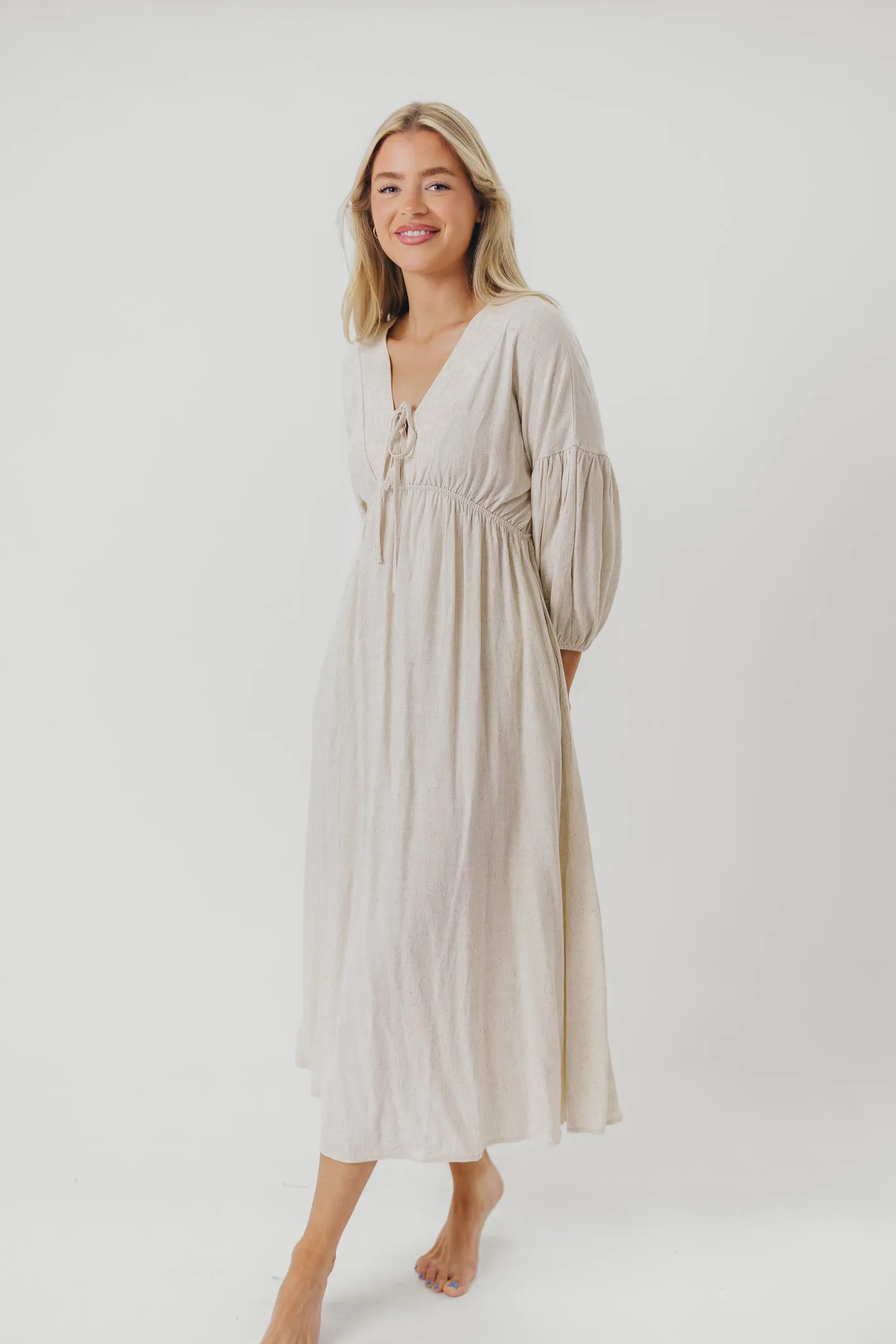 Hunter Linen-Blend Midi Dress in Greige - Bump Friendly sold by Worth Collective product image thumbnail 5