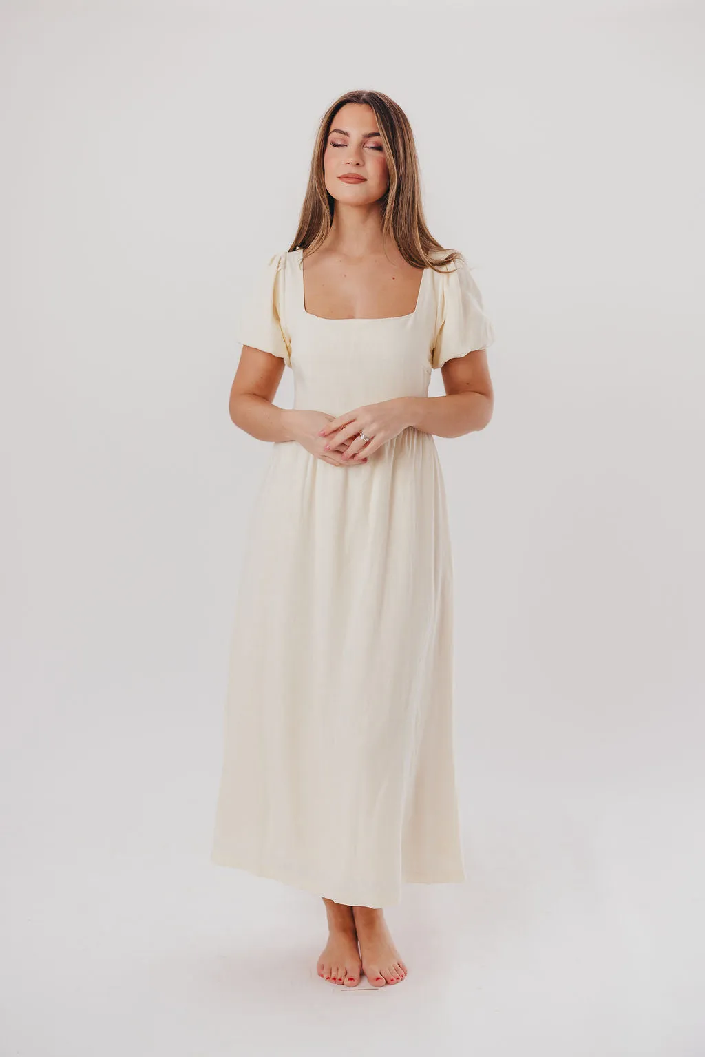 Ainsley Square Neck Midi Dress with Puffed Sleeves in Ivory- Bump Friendly & Inclusive Sizing (S-3XL) sold by Worth Collective product image thumbnail 3
