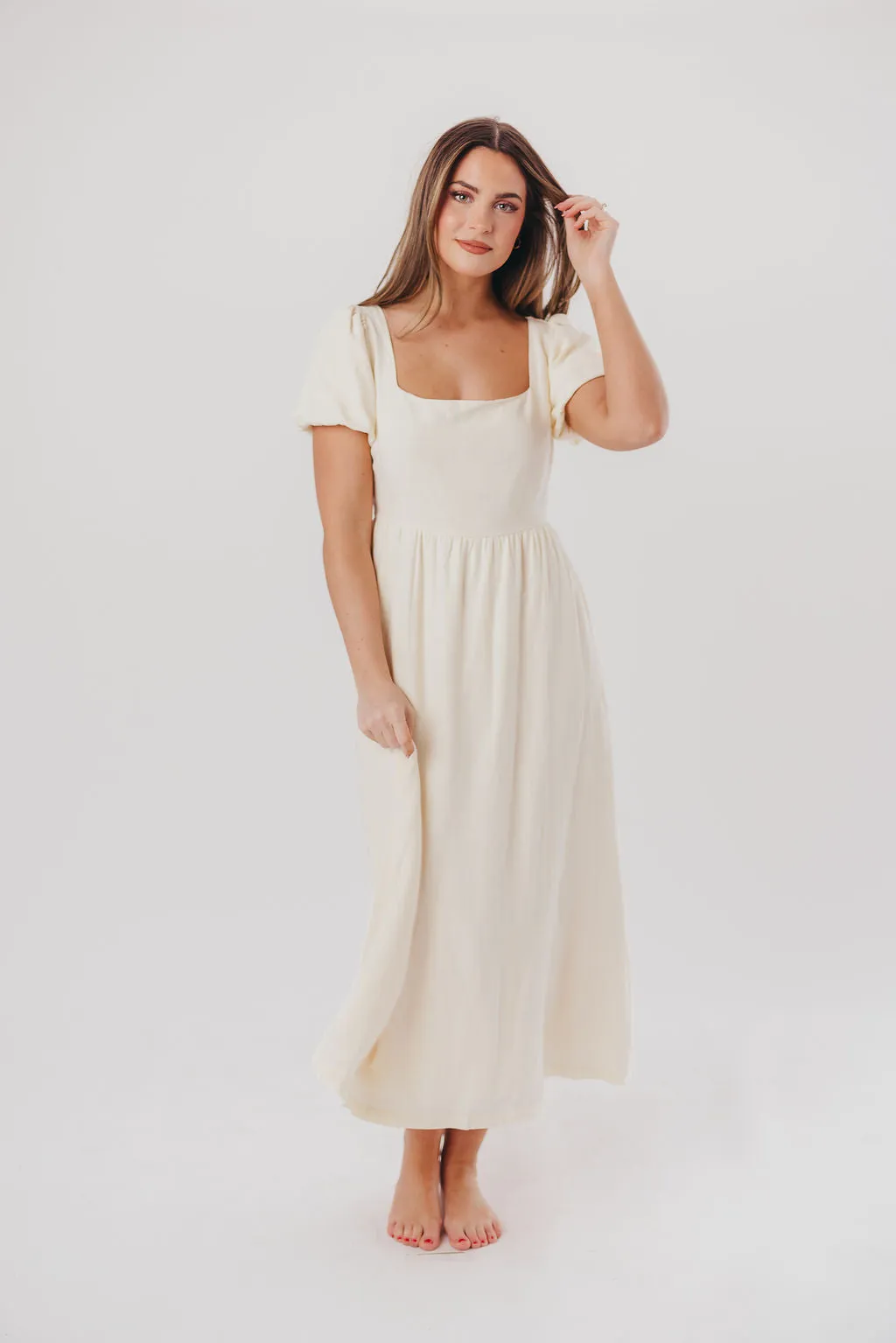 Ainsley Square Neck Midi Dress with Puffed Sleeves in Ivory- Bump Friendly & Inclusive Sizing (S-3XL) sold by Worth Collective