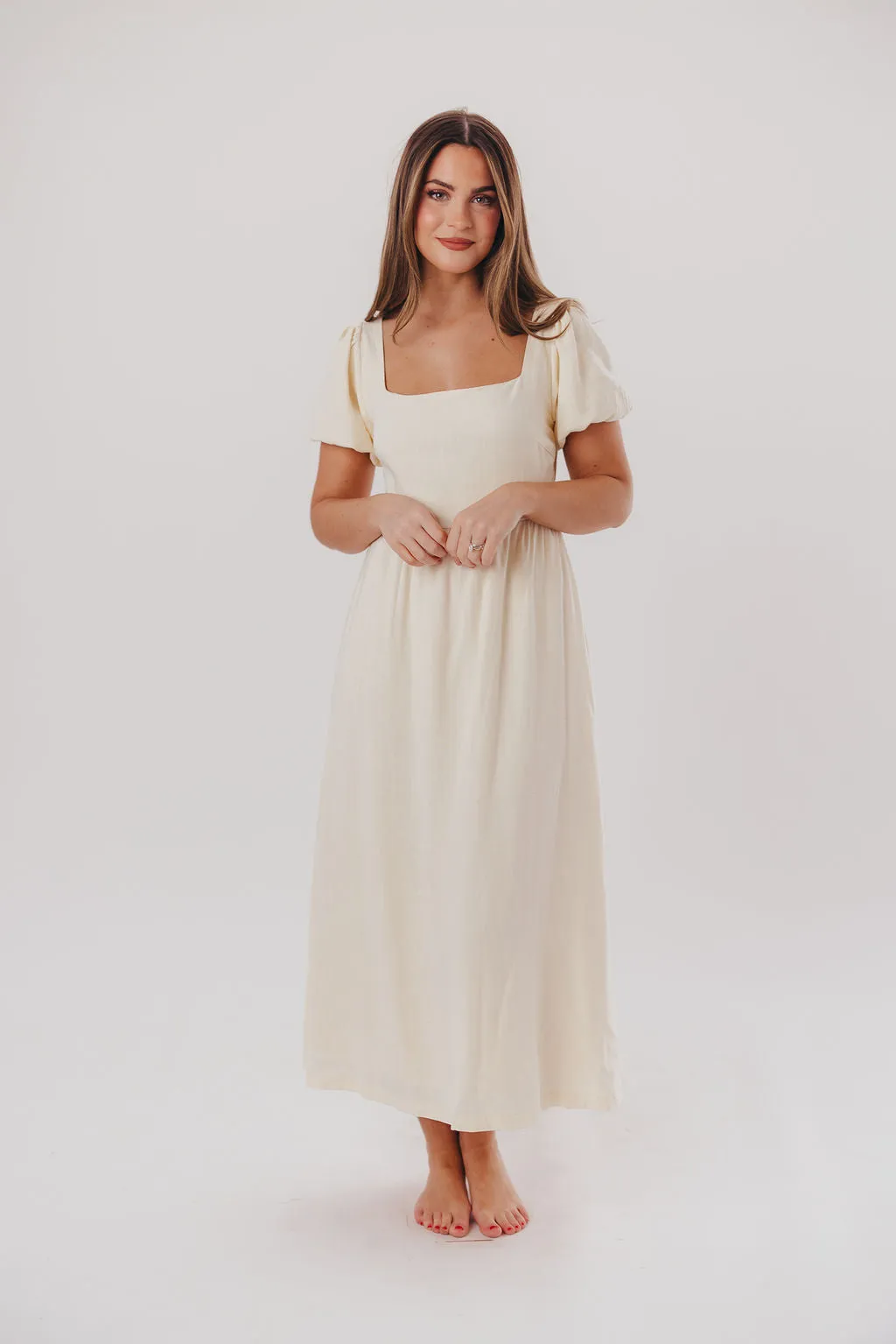 Ainsley Square Neck Midi Dress with Puffed Sleeves in Ivory- Bump Friendly & Inclusive Sizing (S-3XL) sold by Worth Collective product image thumbnail 4