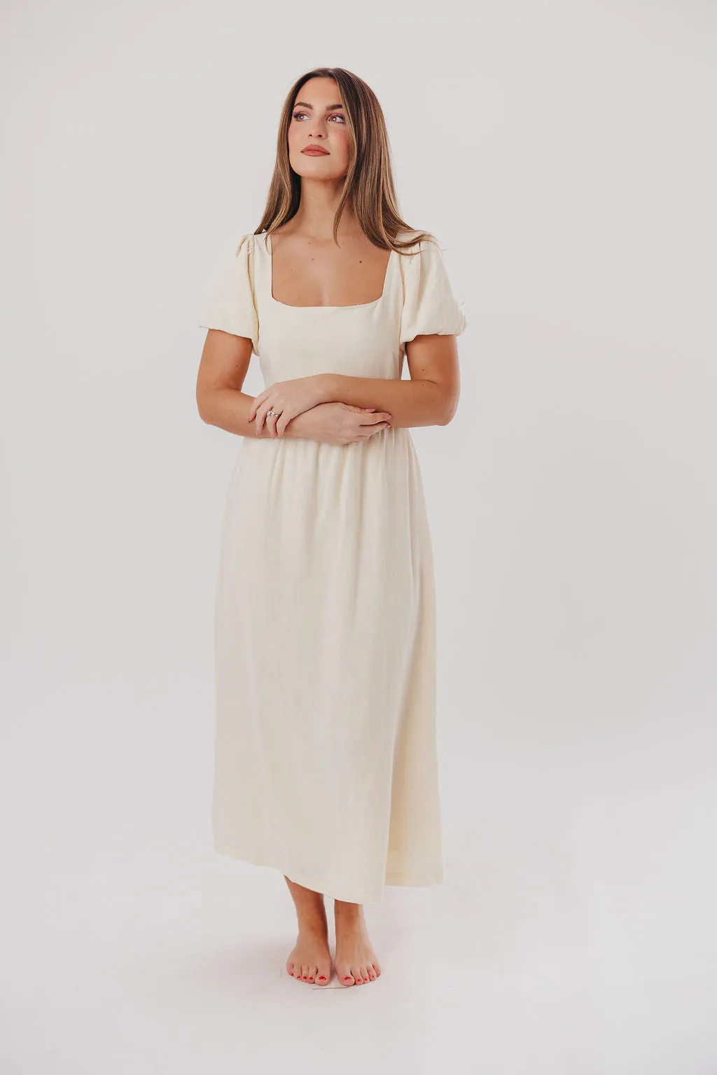 Ainsley Square Neck Midi Dress with Puffed Sleeves in Ivory- Bump Friendly & Inclusive Sizing (S-3XL) sold by Worth Collective product image thumbnail 2