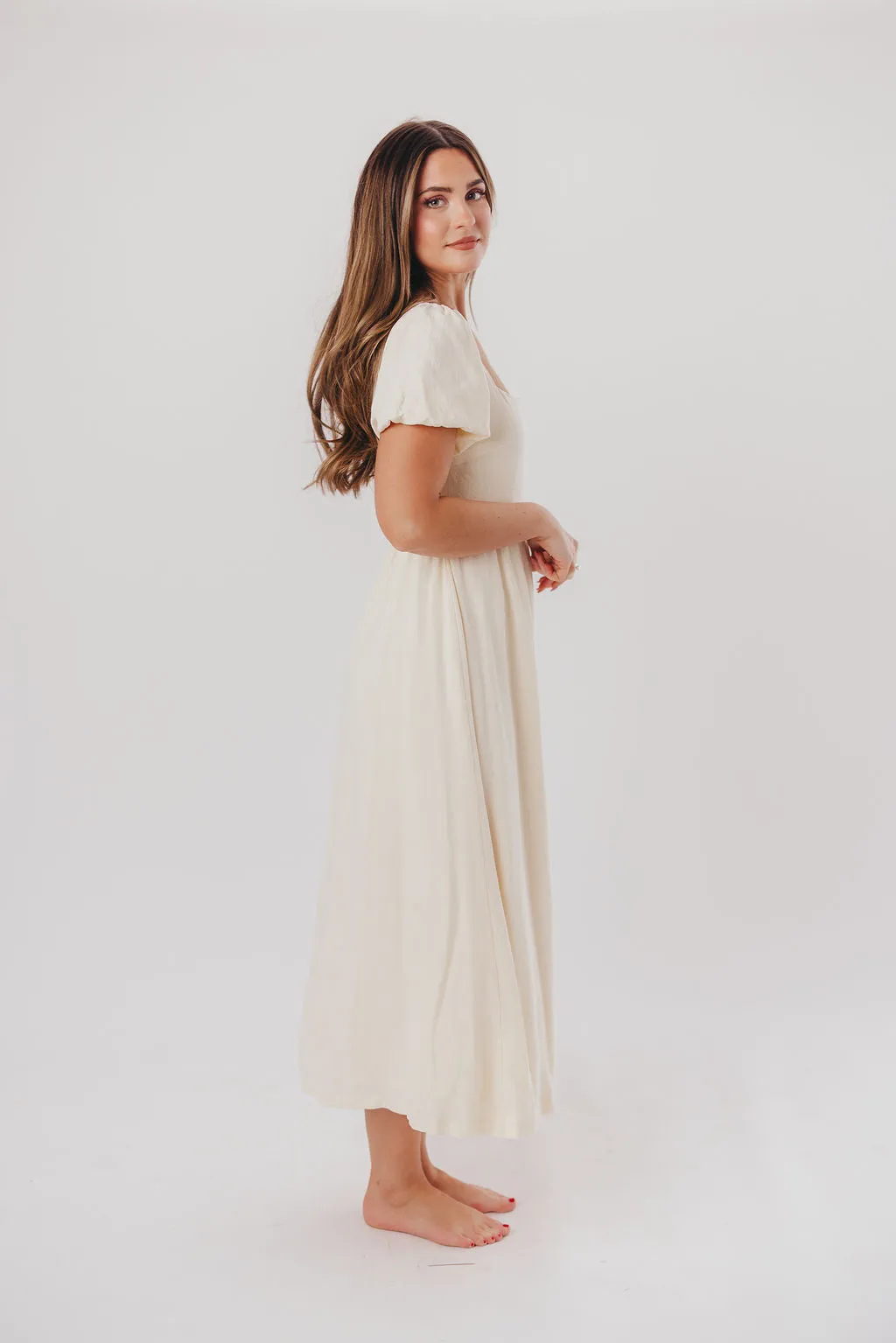 Ainsley Square Neck Midi Dress with Puffed Sleeves in Ivory- Bump Friendly & Inclusive Sizing (S-3XL) sold by Worth Collective product image thumbnail 5