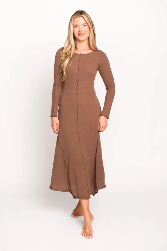 Selena Exposed Seam Midi Dress with Long Sleeves in Espresso (Lined) sold by Worth Collective