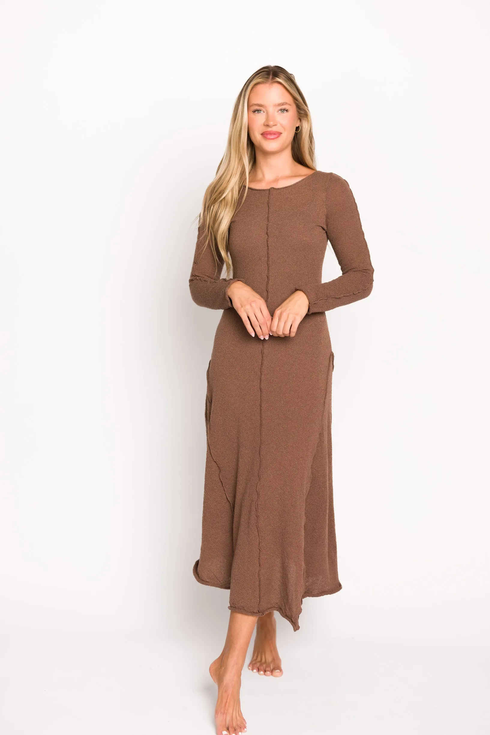 Selena Exposed Seam Midi Dress with Long Sleeves in Espresso (Lined) sold by Worth Collective product image thumbnail 2