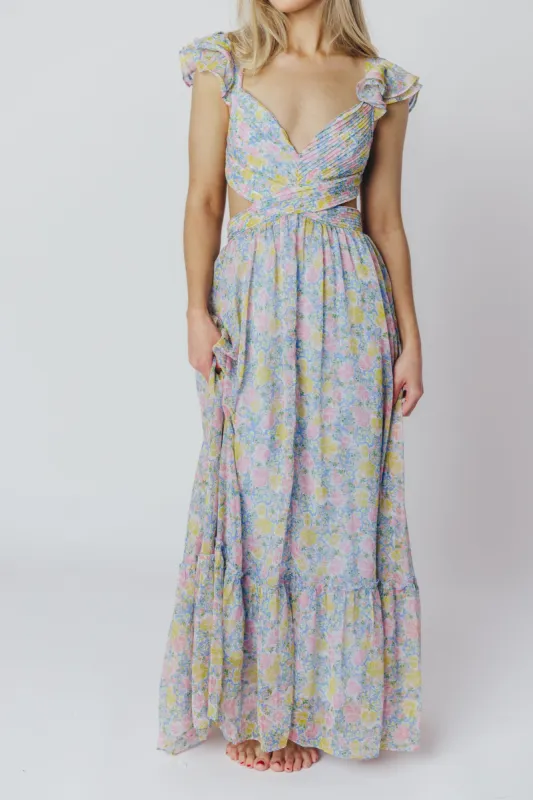 ASTR Primrose Maxi Dress in Blue/Pink Floral sold by Worth Collective