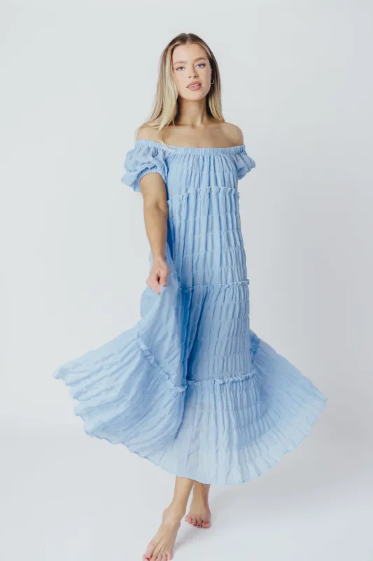 Kendall On and Off the Shoulder Maxi Dress with Ruffled Tiers in Blue sold by Worth Collective