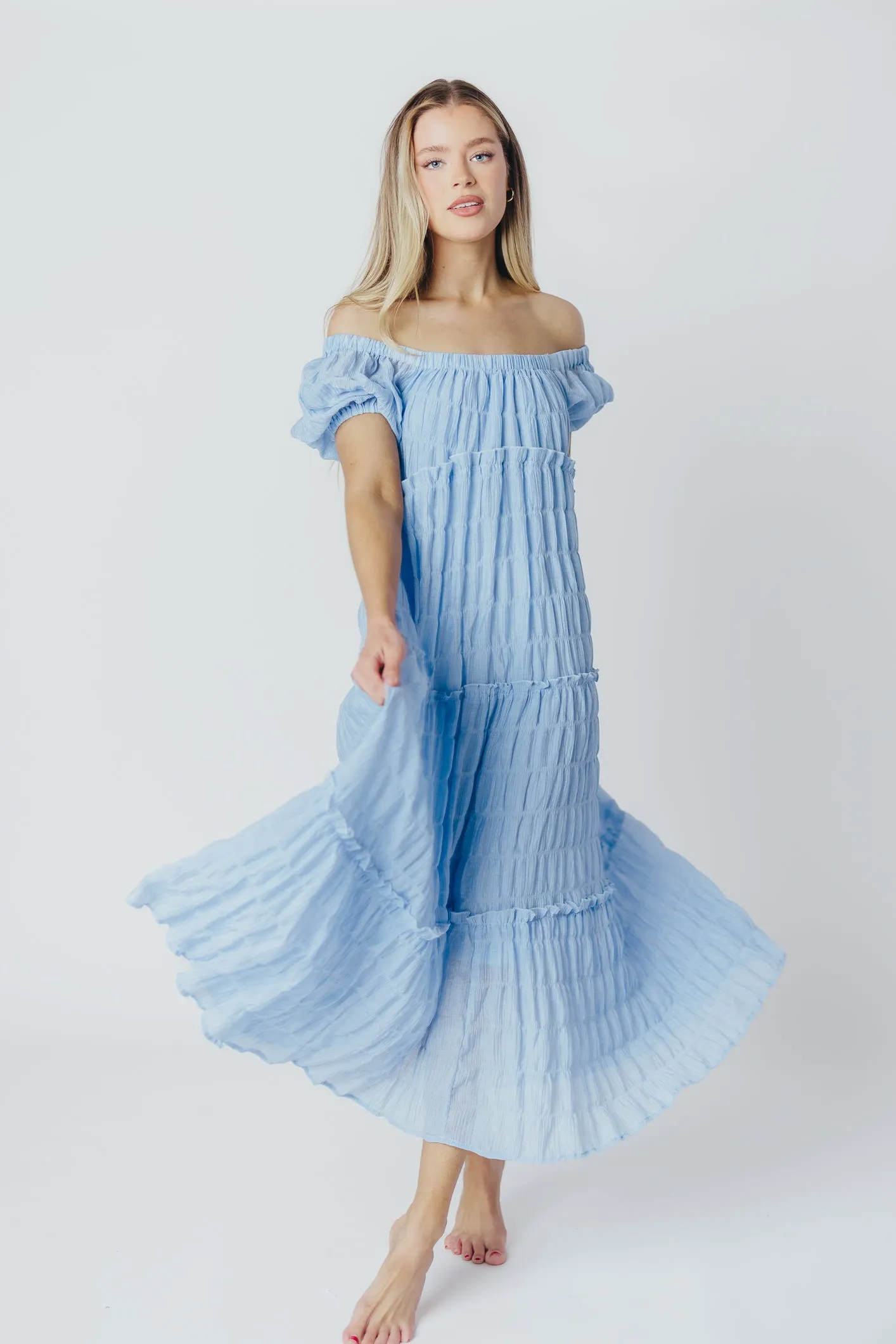 Kendall On and Off the Shoulder Maxi Dress with Ruffled Tiers in Blue sold by Worth Collective