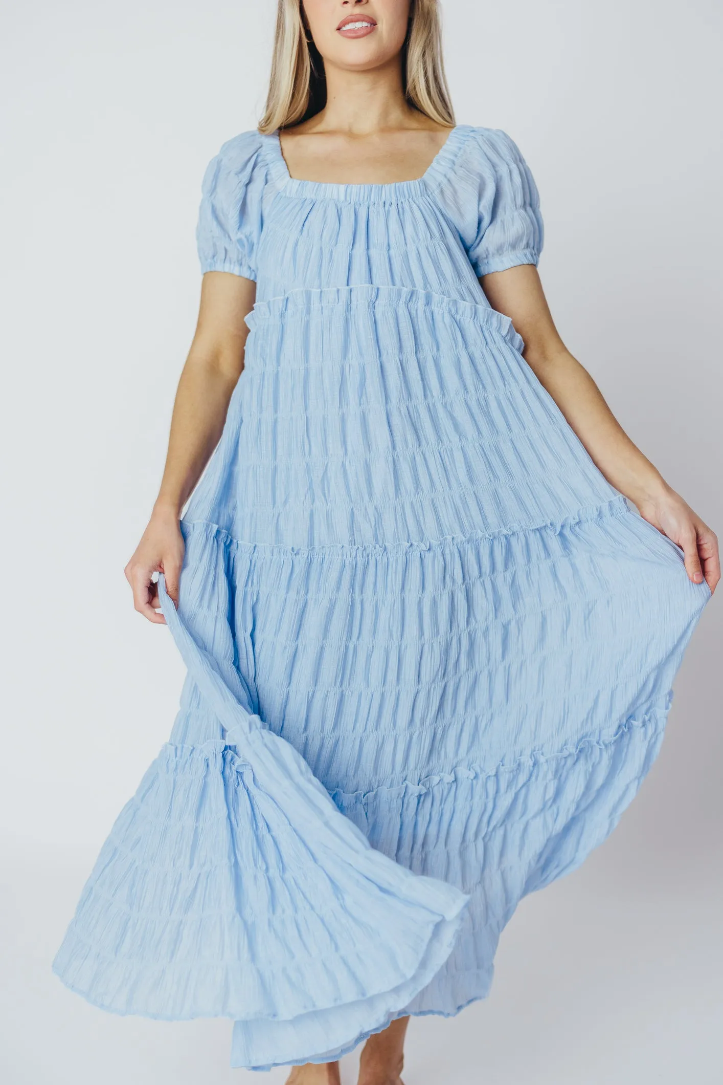 Kendall On and Off the Shoulder Maxi Dress with Ruffled Tiers in Blue sold by Worth Collective product image thumbnail 2