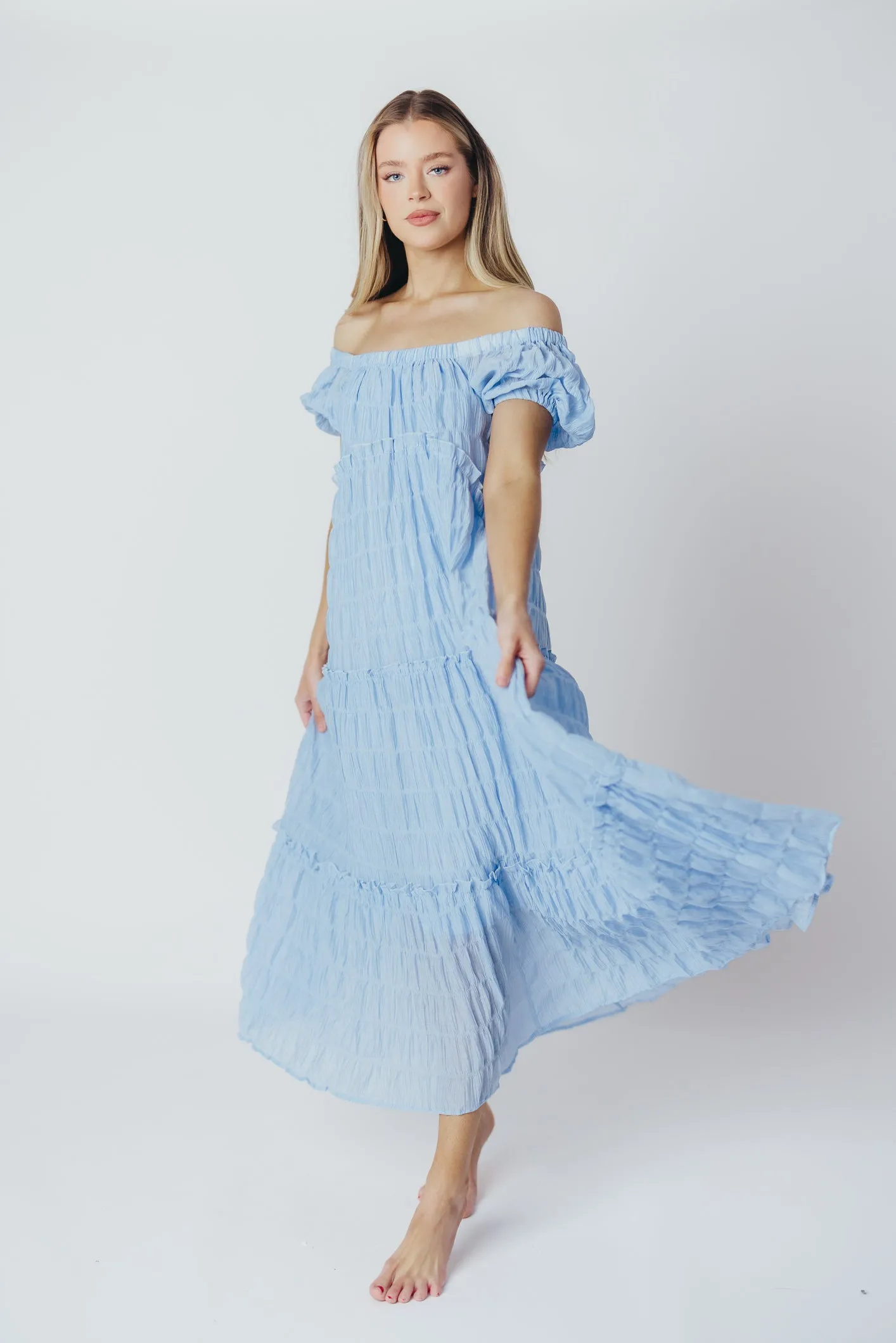 Kendall On and Off the Shoulder Maxi Dress with Ruffled Tiers in Blue sold by Worth Collective product image thumbnail 3