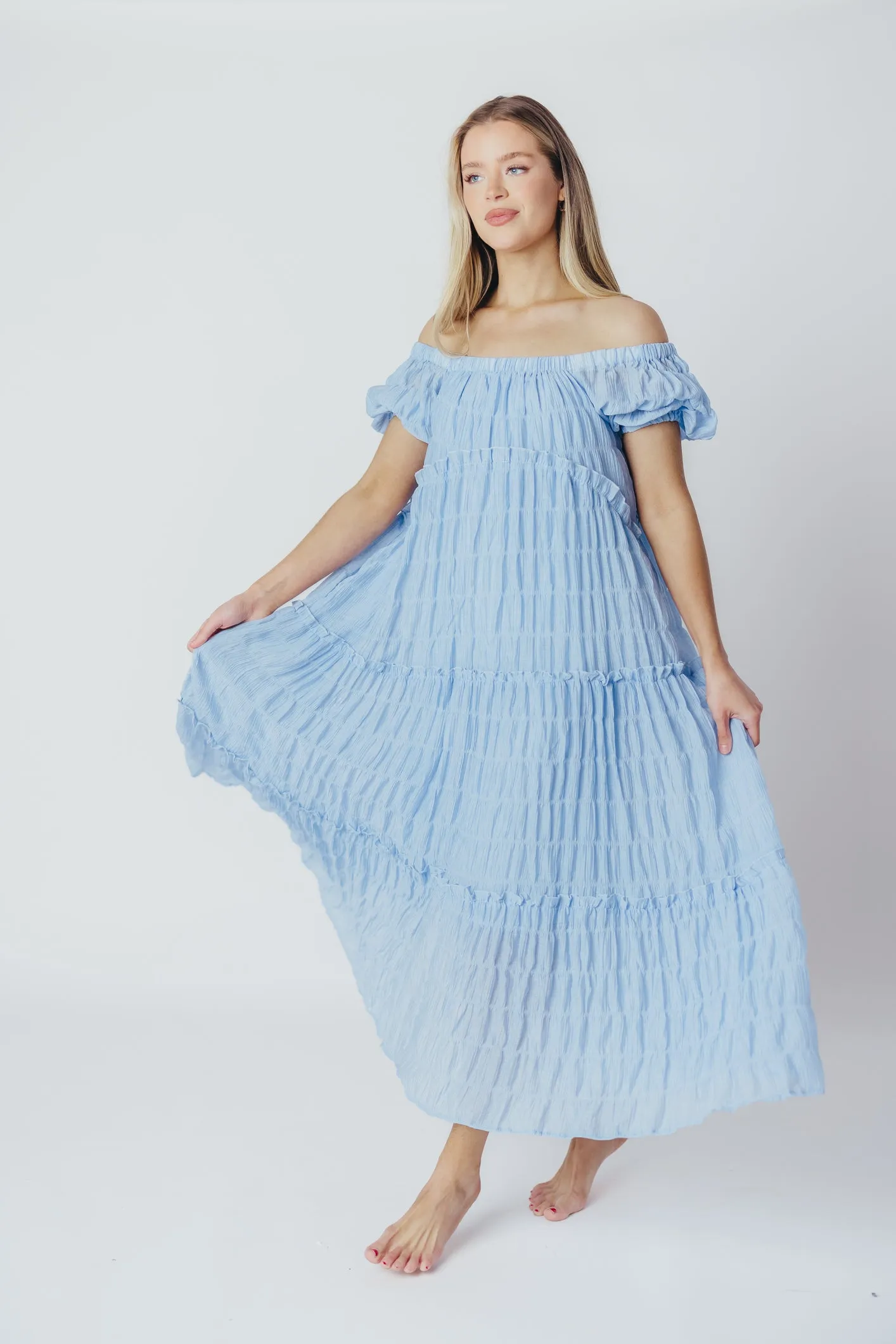 Kendall On and Off the Shoulder Maxi Dress with Ruffled Tiers in Blue sold by Worth Collective product image thumbnail 4