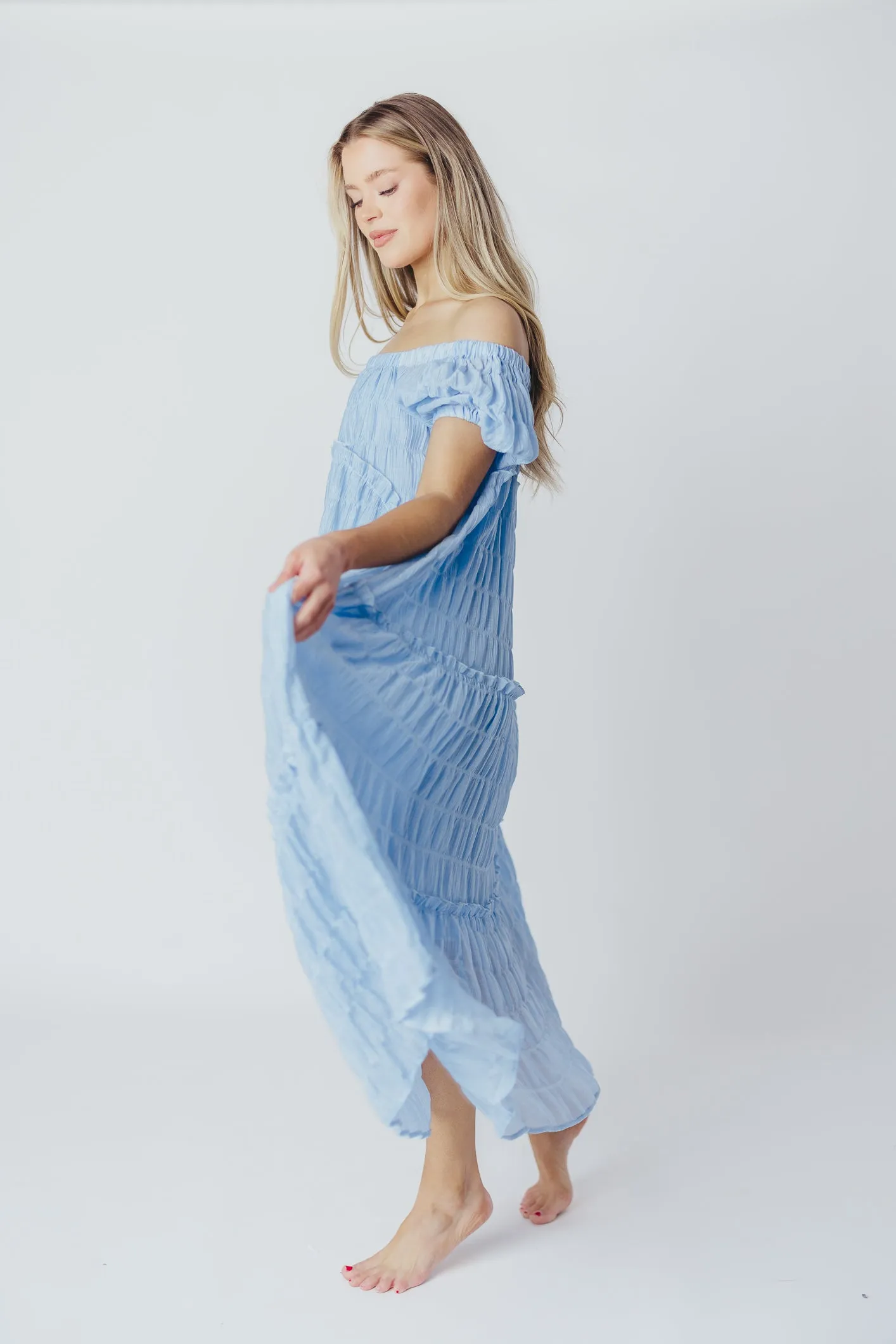 Kendall On and Off the Shoulder Maxi Dress with Ruffled Tiers in Blue sold by Worth Collective product image thumbnail 5