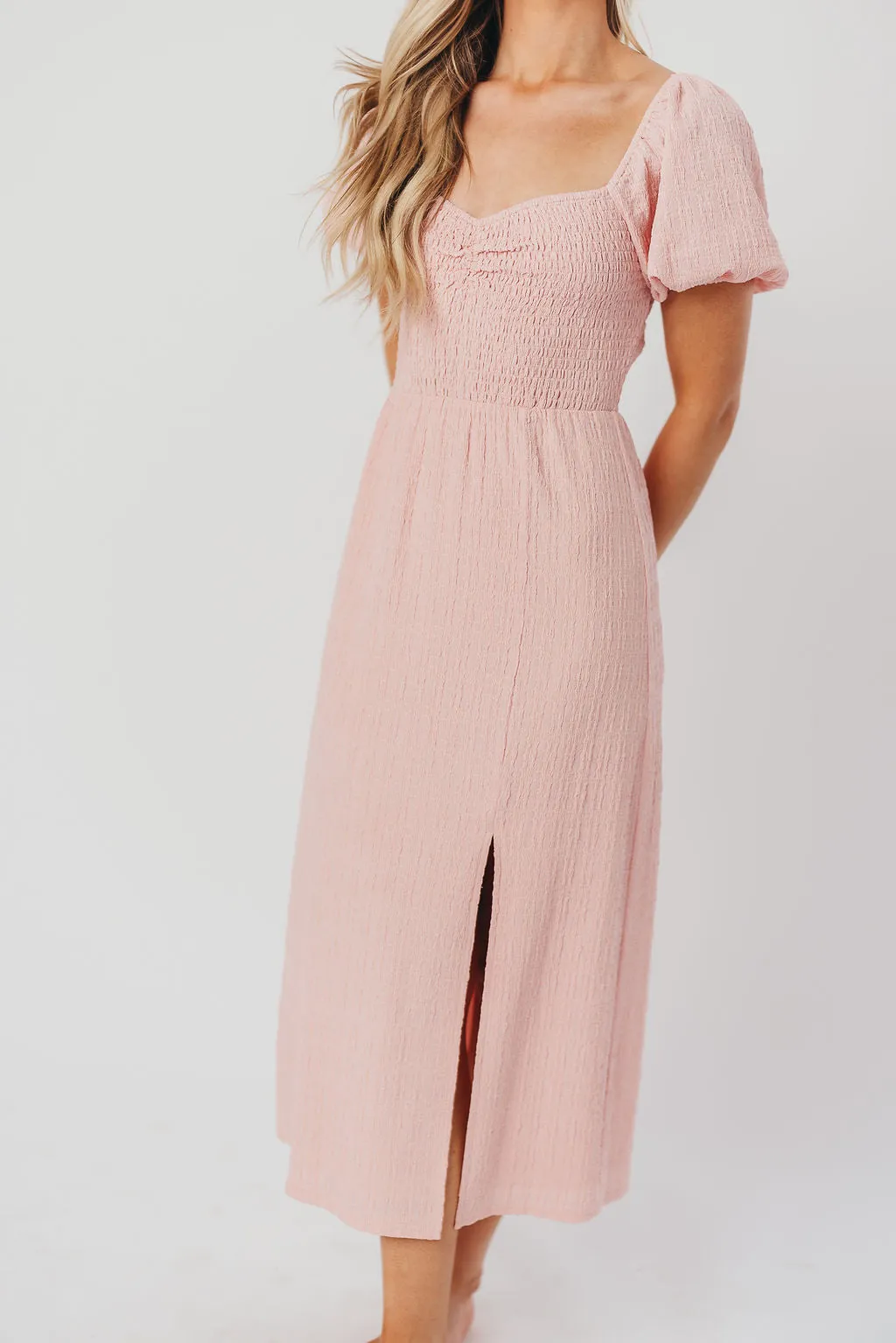 Maria Sweetheart Neckline Midi Dress in Seashell Pink - Bump Friendly & Inclusive Sizing (S-3XL) - Final Few sold by Worth Collective