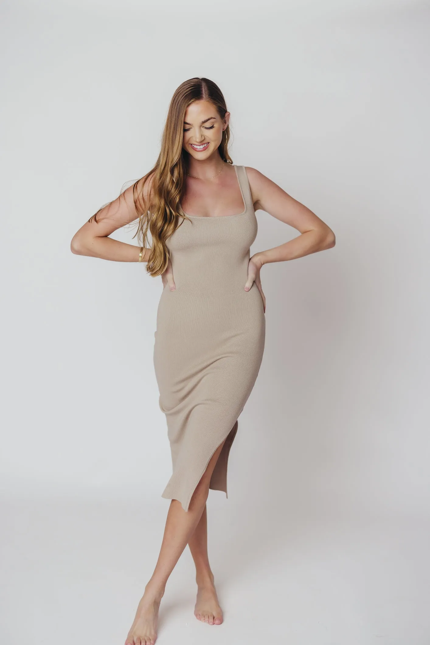 Square Neck Knit Slit Dress in Latte sold by Worth Collective product image thumbnail 4