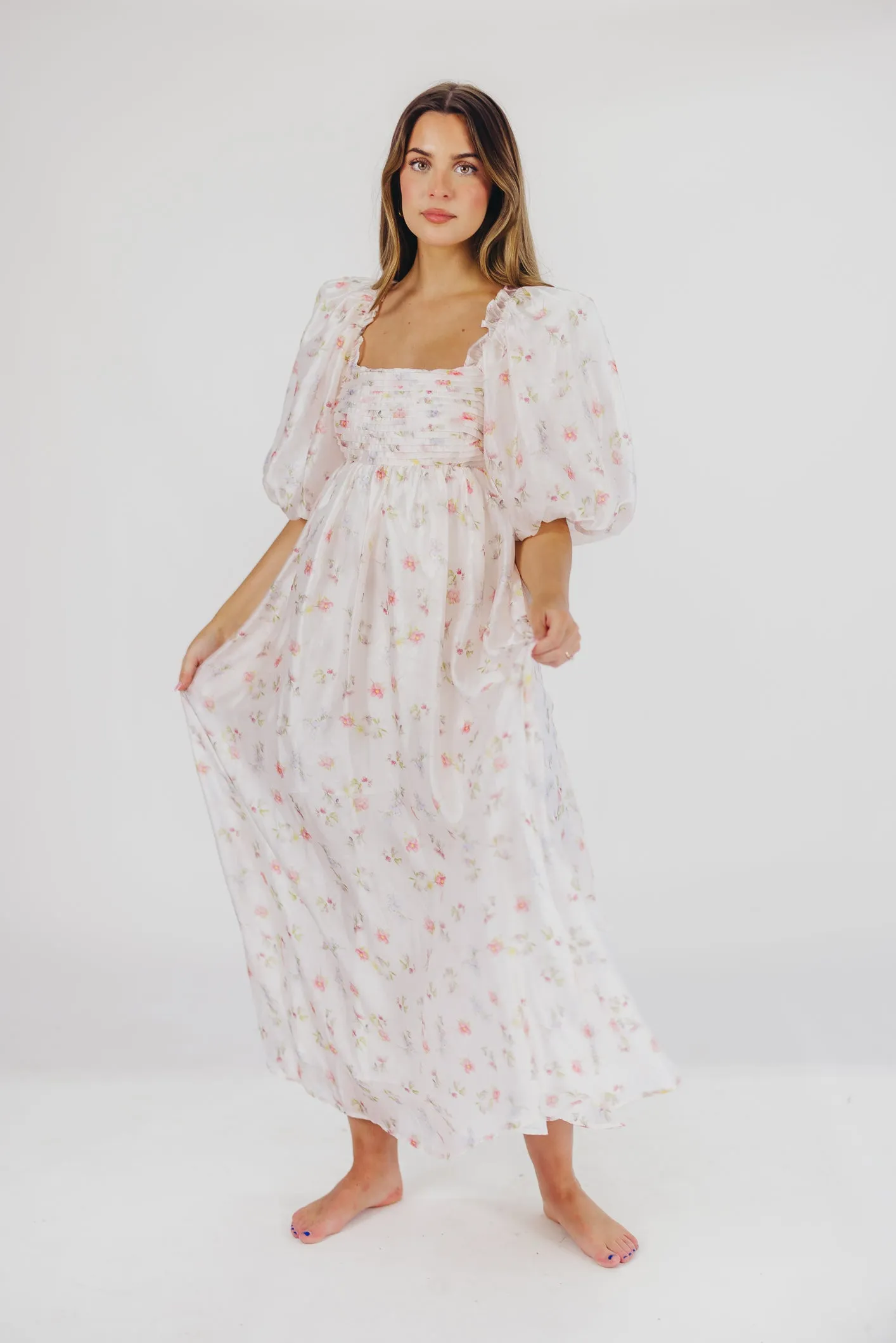 Melody Maxi Dress with Pleats and Bow Detail in Pink Rose Floral - Bump Friendly & Inclusive Sizing (S-3XL) sold by Worth Collective