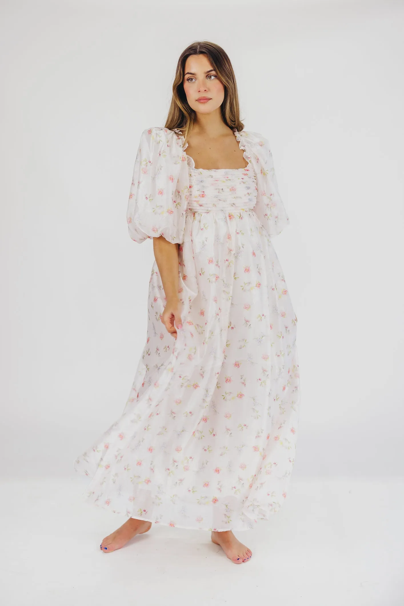 Melody Maxi Dress with Pleats and Bow Detail in Pink Rose Floral - Bump Friendly & Inclusive Sizing (S-3XL) sold by Worth Collective product image thumbnail 3