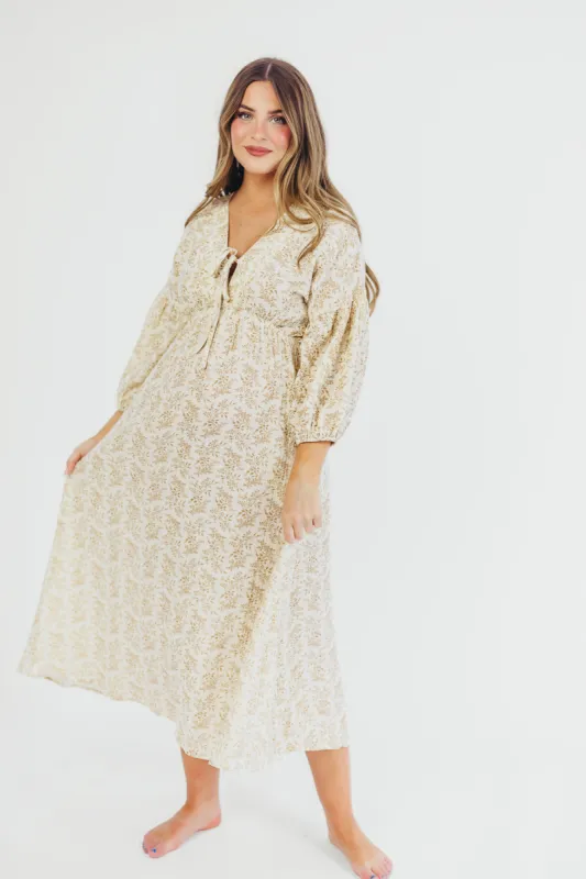 Hunter 100% Cotton Gauze Midi Dress in Natural/Tan Floral - Bump Friendly and Inclusive Sizing sold by Worth Collective