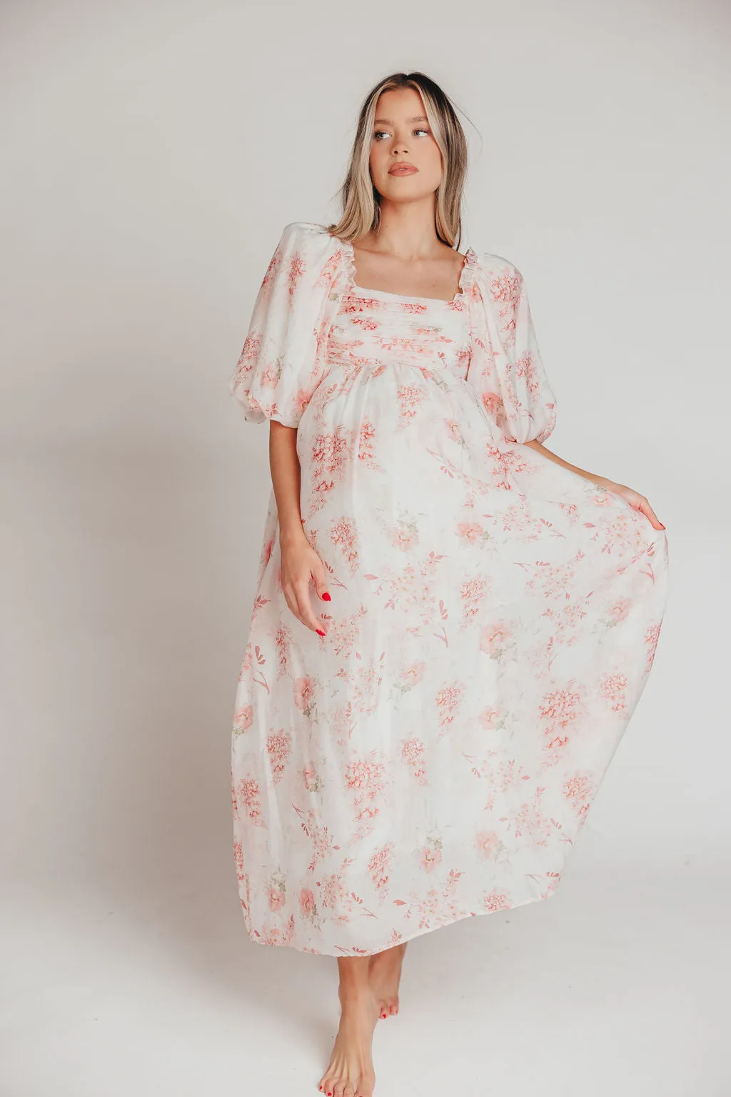 Melody Maxi Dress with Pleats and Bow Detail in Pink Floral - Bump Friendly & Inclusive Sizing (S-3XL) sold by Worth Collective