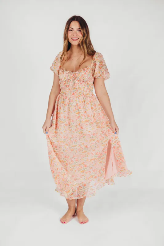 Lunaria Pleated Bustier Midi Dress in Orange Floral *Final-Sale* sold by Worth Collective