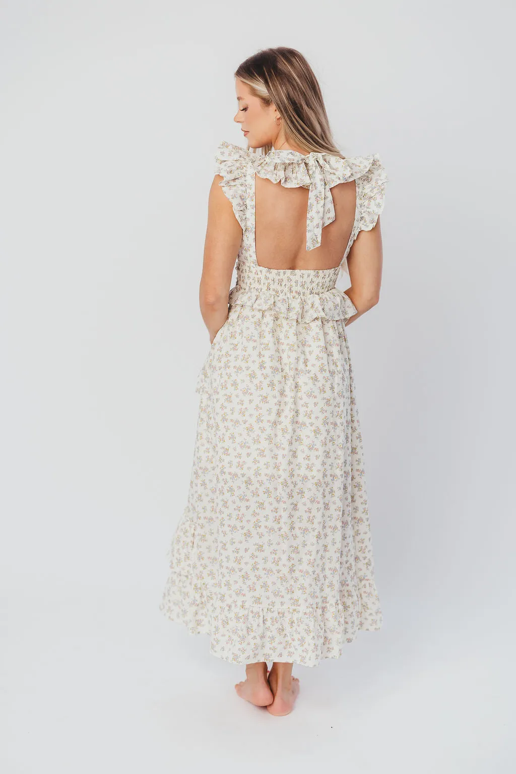 Christina Asymmetrical Ruffle Maxi Dress in Cream/Pink/Lavender sold by Worth Collective product image thumbnail 4