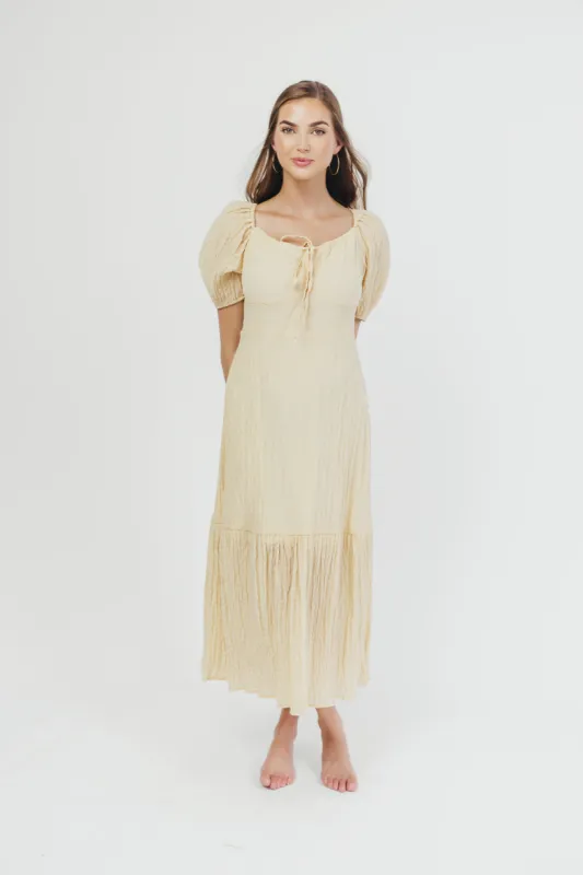 Jessie Textured Woven Midi Dress with Tie Front in Natural sold by Worth Collective