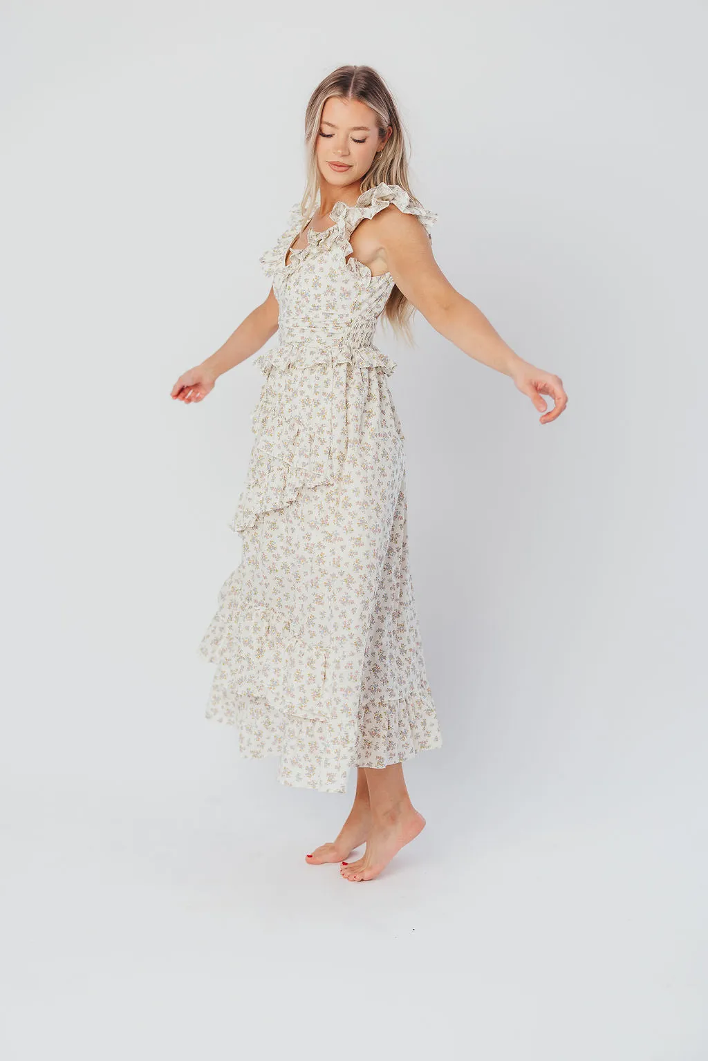 Christina Asymmetrical Ruffle Maxi Dress in Cream/Pink/Lavender sold by Worth Collective product image thumbnail 3