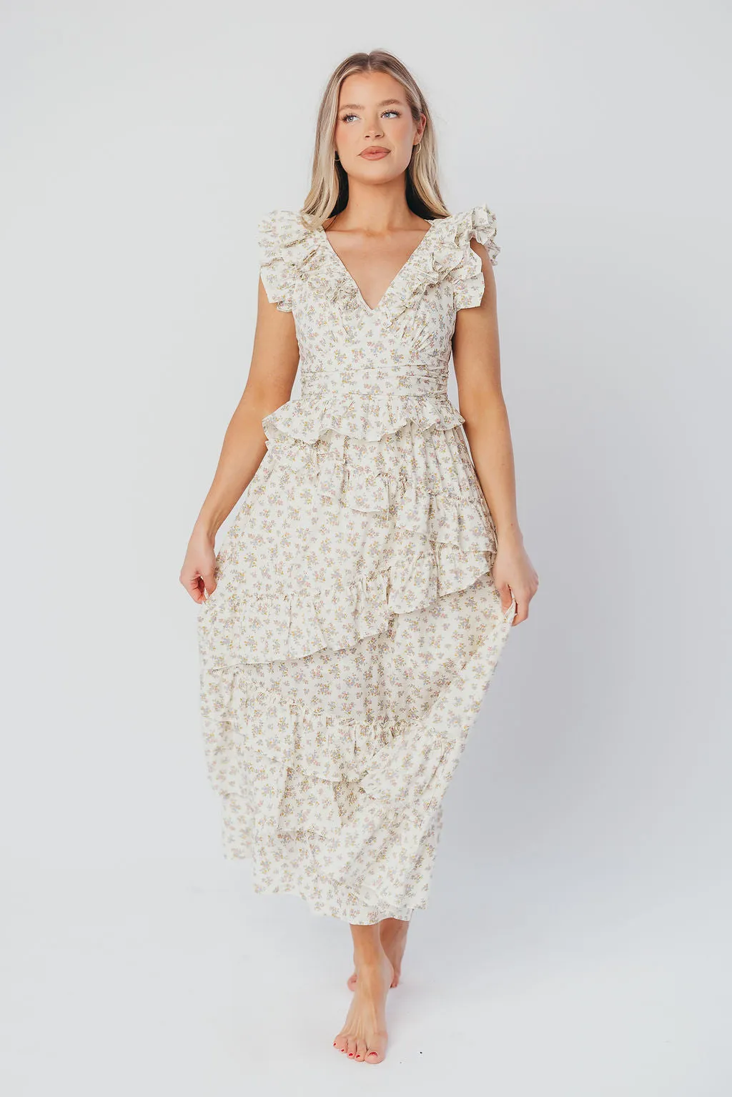 Christina Asymmetrical Ruffle Maxi Dress in Cream/Pink/Lavender sold by Worth Collective product image thumbnail 5