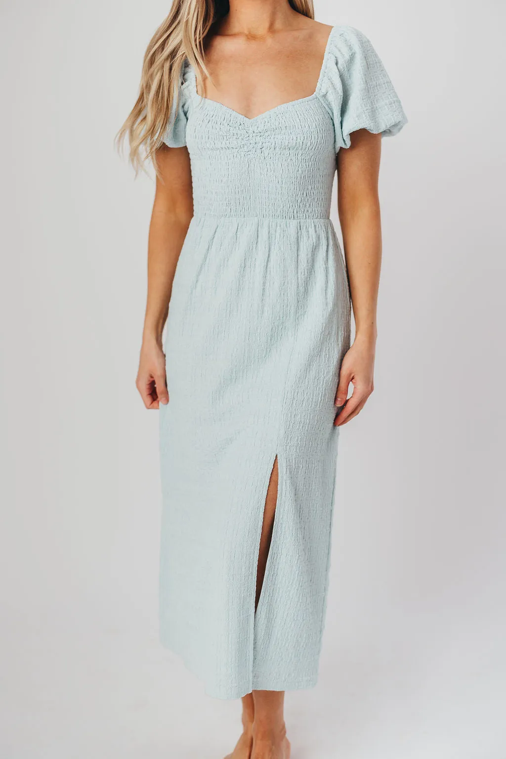 Maria Sweetheart Neckline Midi Dress in Powder Blue - Bump Friendly & Inclusive Sizing (S-3XL) sold by Worth Collective