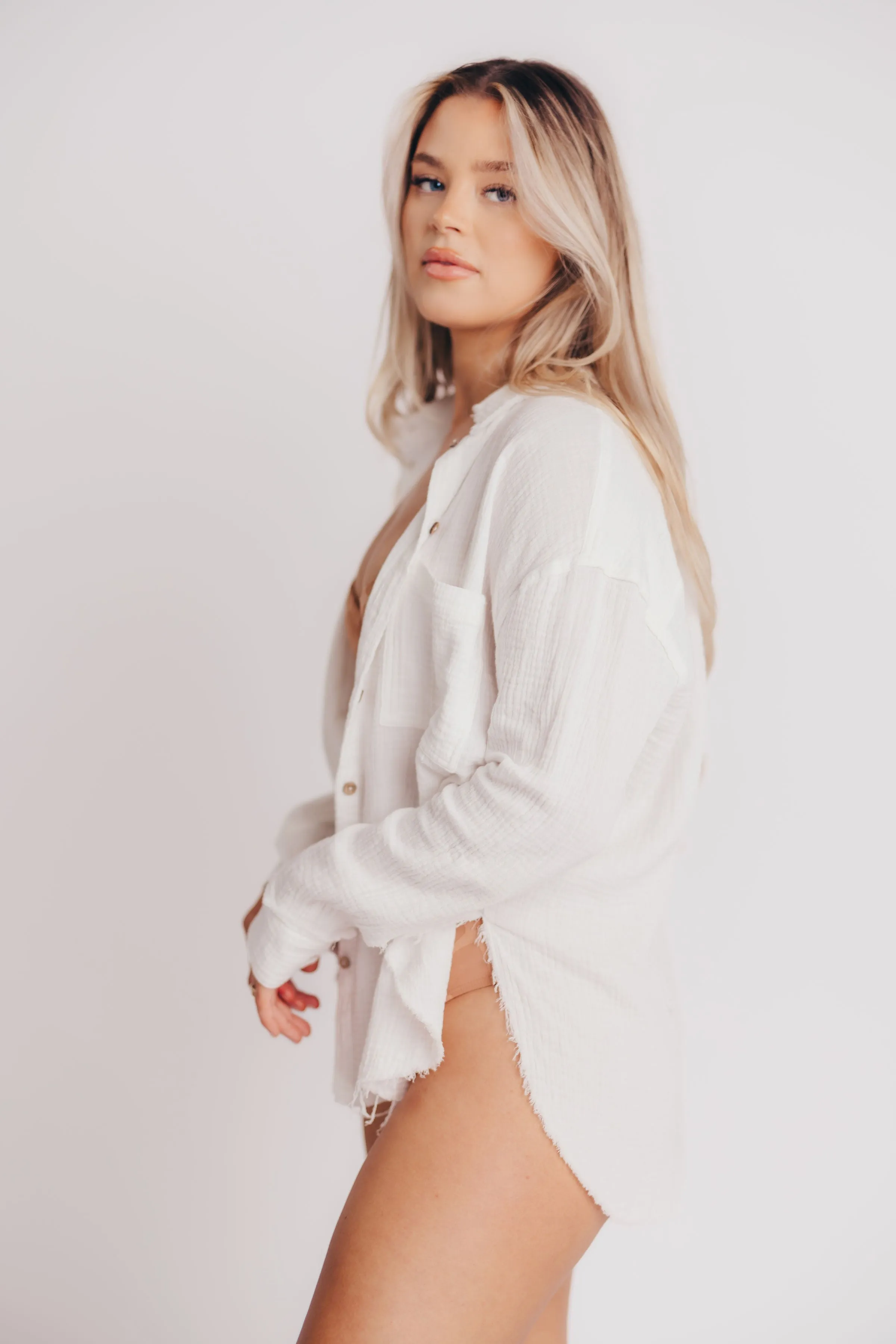 Bora Bora Double Gauze Button-Up Shirt in White sold by Worth Collective product image thumbnail 3