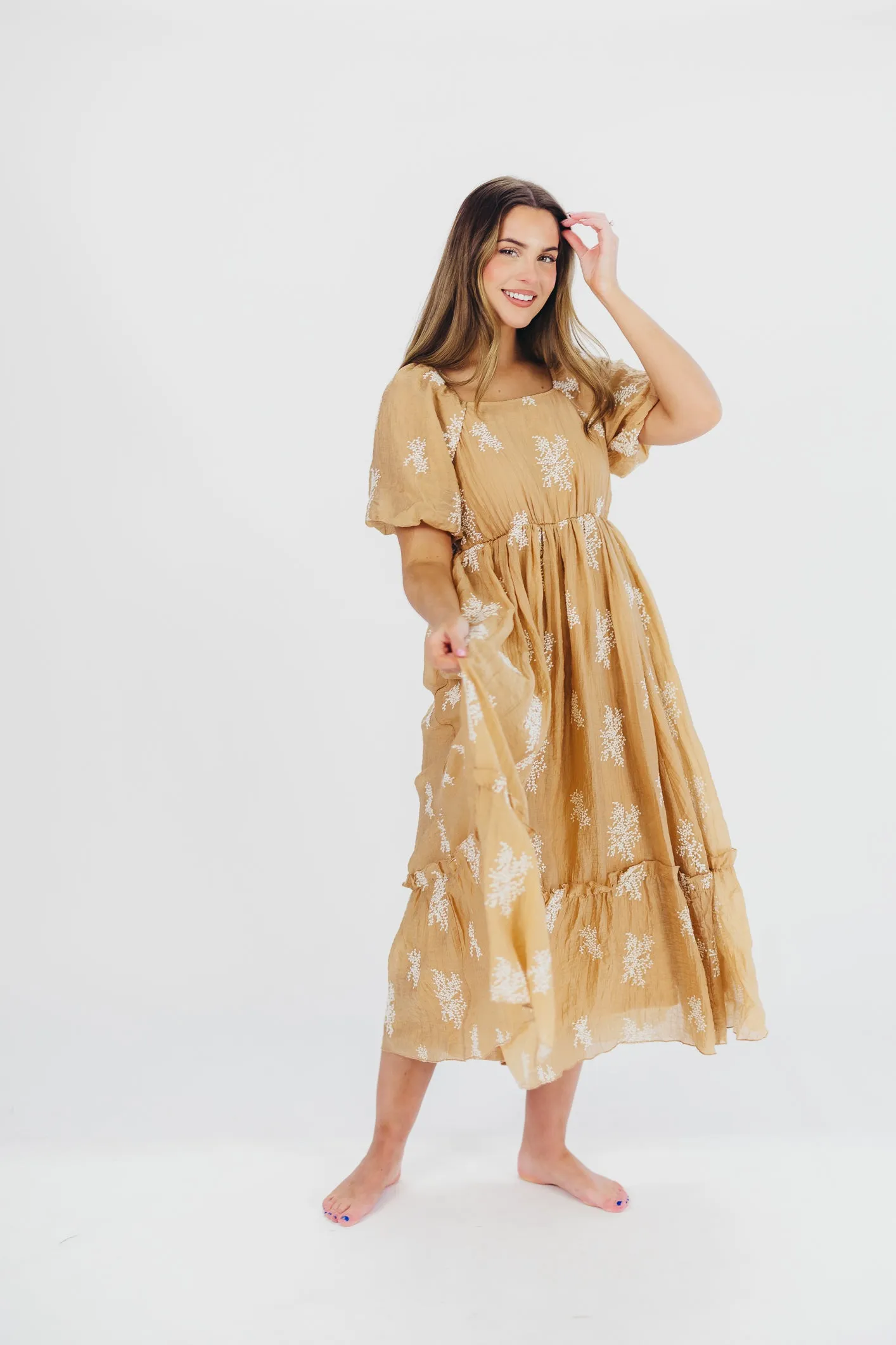 Hallie Embroidered Maxi Dress in Camel - Bump Friendly & Inclusive Sizing (S-3XL) sold by Worth Collective product image thumbnail 4