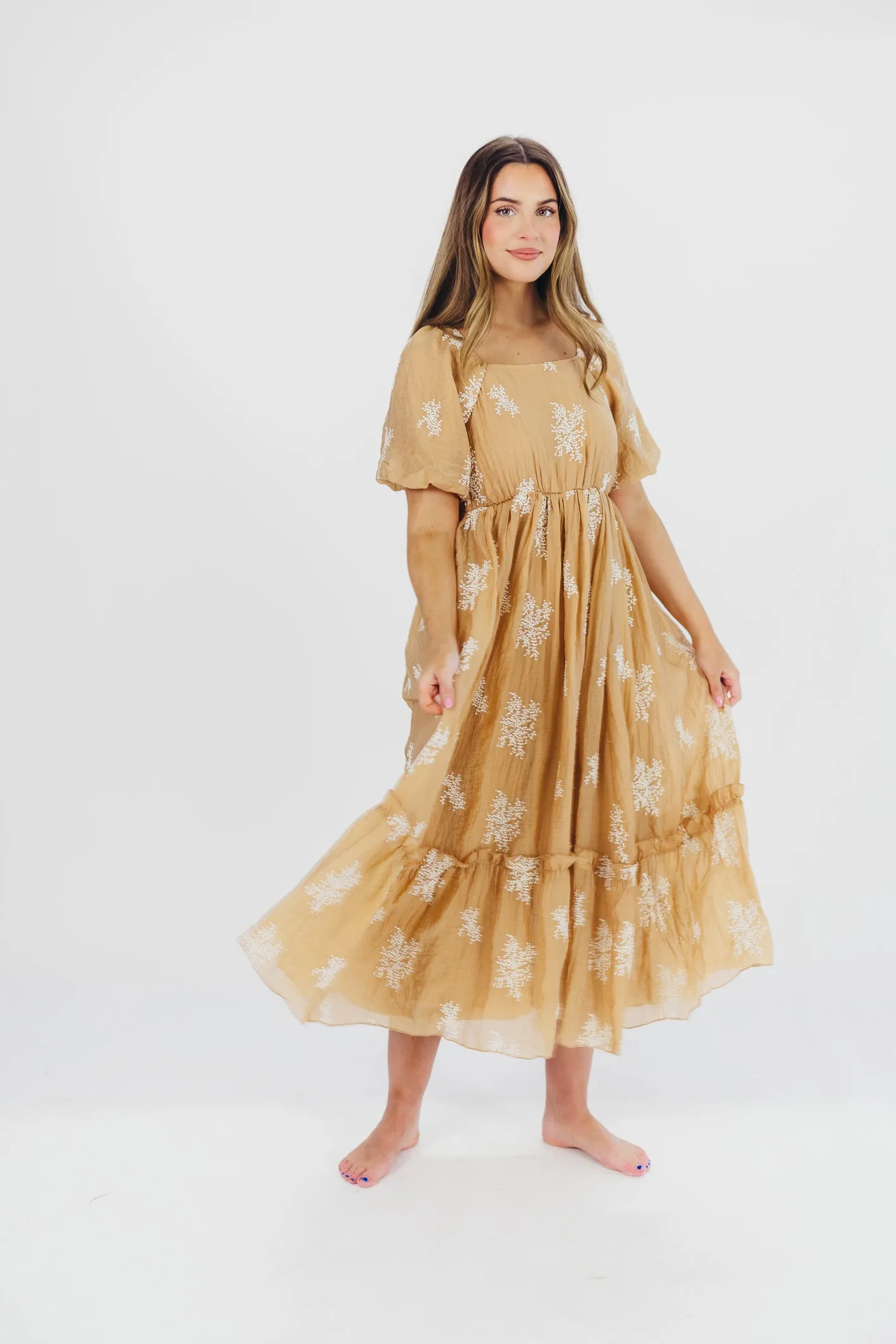 Hallie Embroidered Maxi Dress in Camel - Bump Friendly & Inclusive Sizing (S-3XL) sold by Worth Collective product image thumbnail 2