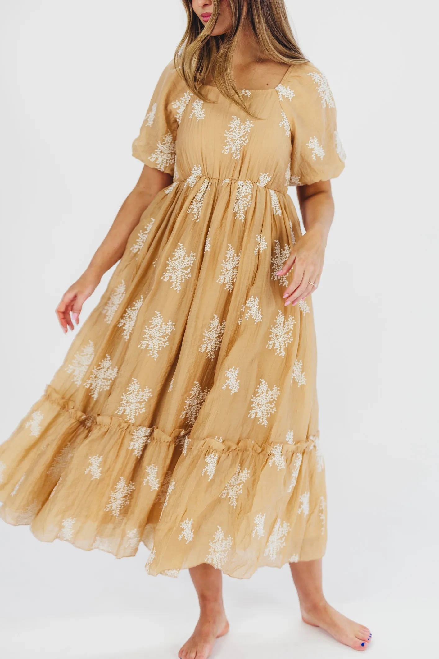 Hallie Embroidered Maxi Dress in Camel - Bump Friendly & Inclusive Sizing (S-3XL) sold by Worth Collective
