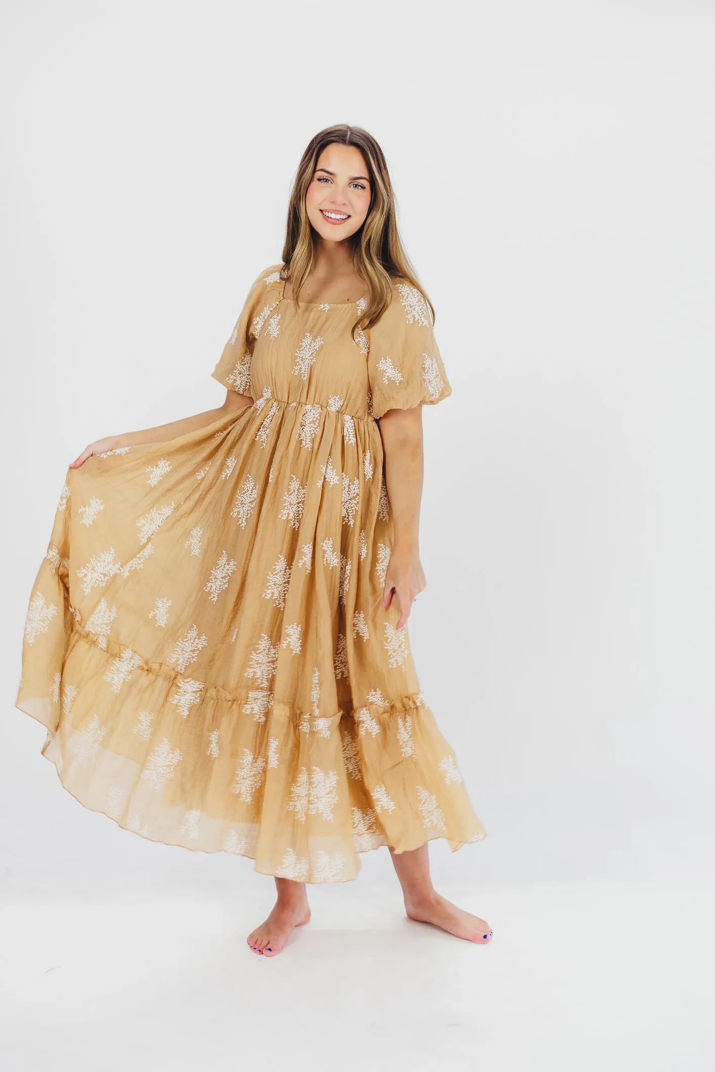 Hallie Embroidered Maxi Dress in Camel - Bump Friendly & Inclusive Sizing (S-3XL) sold by Worth Collective product image thumbnail 3