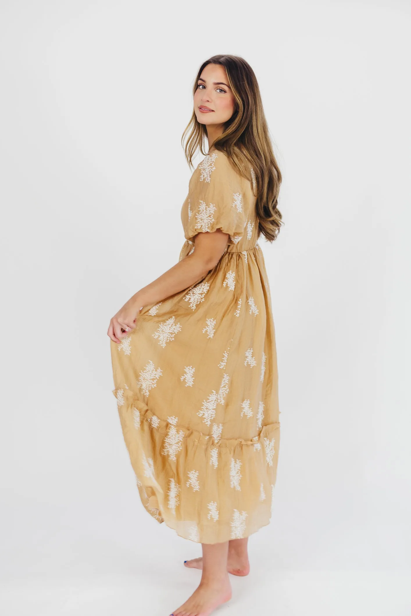 Hallie Embroidered Maxi Dress in Camel - Bump Friendly & Inclusive Sizing (S-3XL) sold by Worth Collective product image thumbnail 5