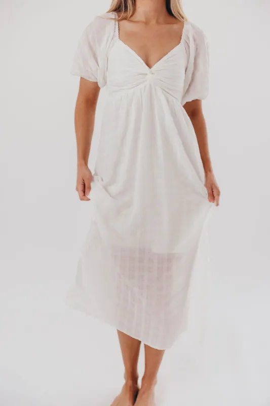 Clara Puffed Sleeve Midi Dress with Twisted Bodice in Cotton sold by Worth Collective