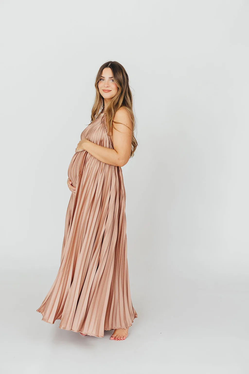 Maren Pleated Halter Maxi Dress in Mauve - Bump Friendly (S-XL) sold by Worth Collective product image thumbnail 3