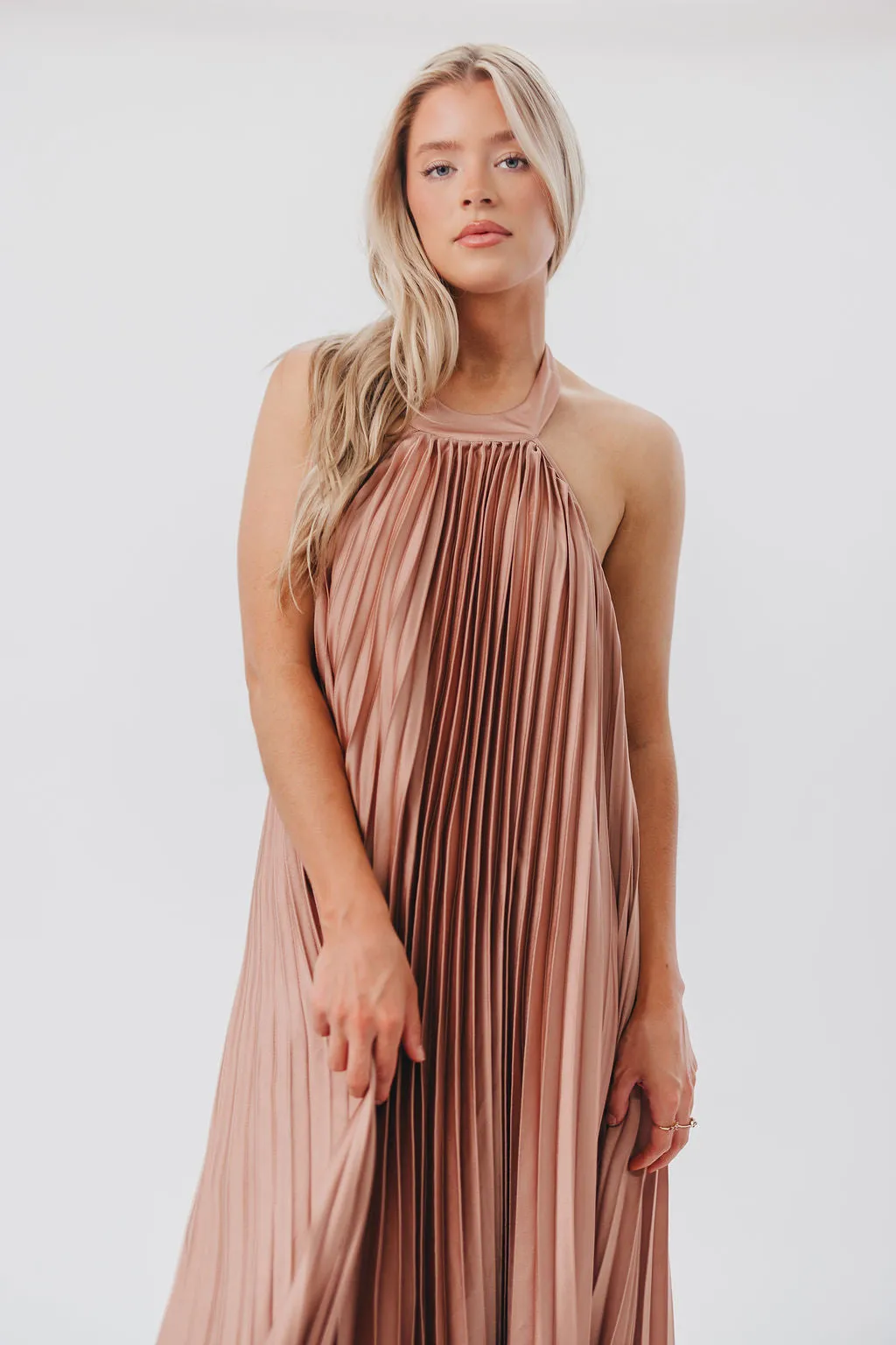 Maren Pleated Halter Maxi Dress in Mauve - Bump Friendly (S-XL) sold by Worth Collective product image thumbnail 5