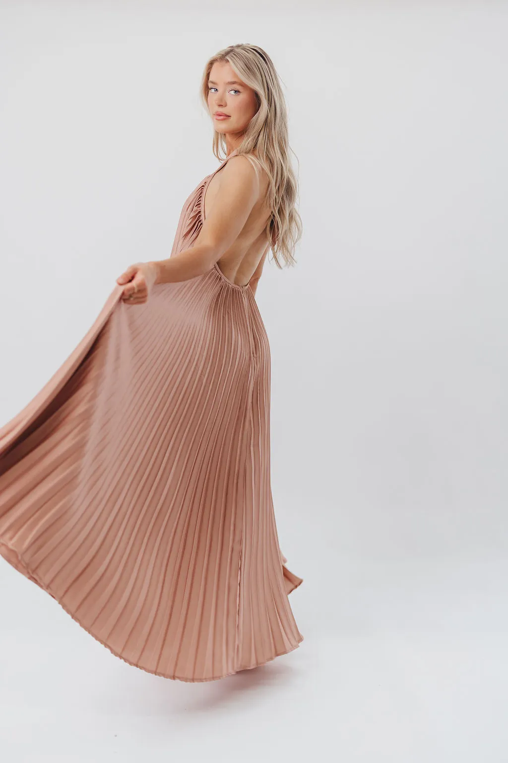 Maren Pleated Halter Maxi Dress in Mauve - Bump Friendly (S-XL) sold by Worth Collective product image thumbnail 2