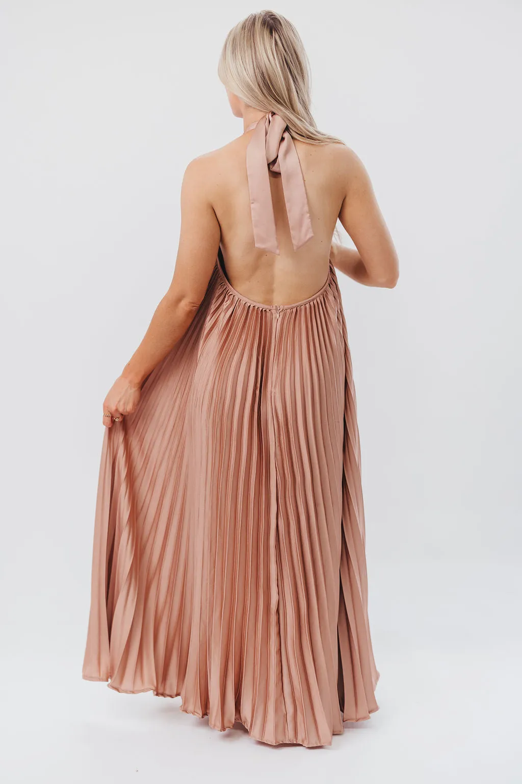 Maren Pleated Halter Maxi Dress in Mauve - Bump Friendly (S-XL) sold by Worth Collective product image thumbnail 4
